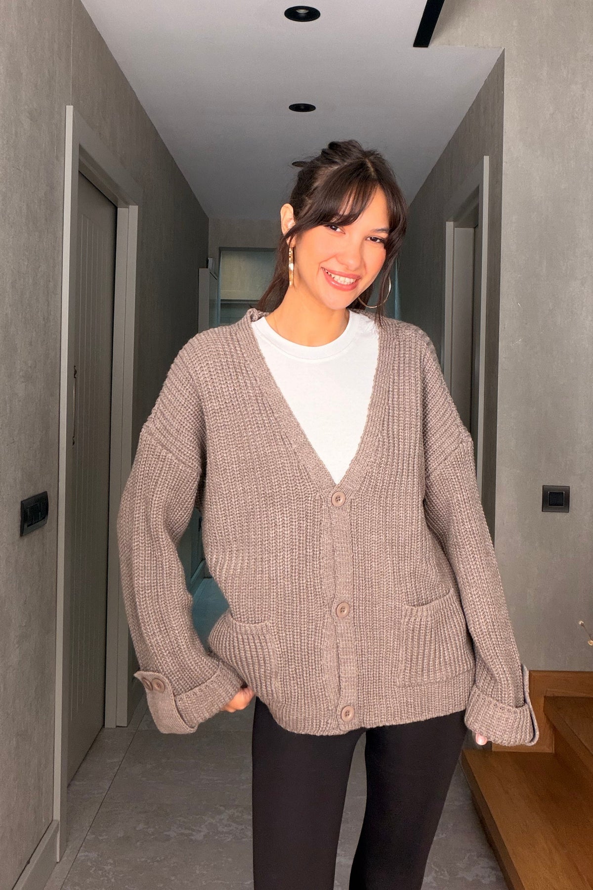 Vizon Oversize Düğmeli Örme Hırka