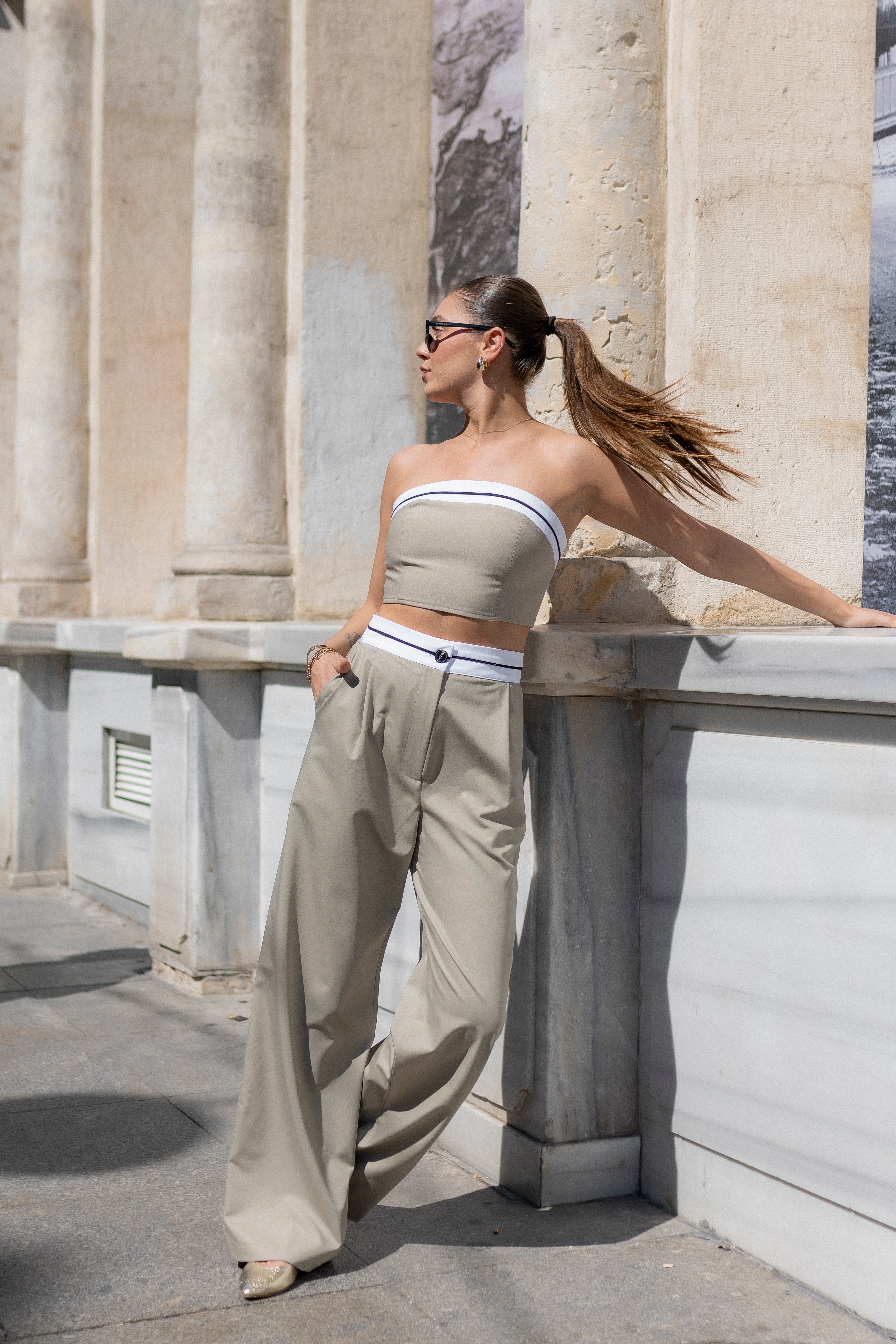 Vizon Kontrast Kumaş Detaylı Crop Pantolon Takım