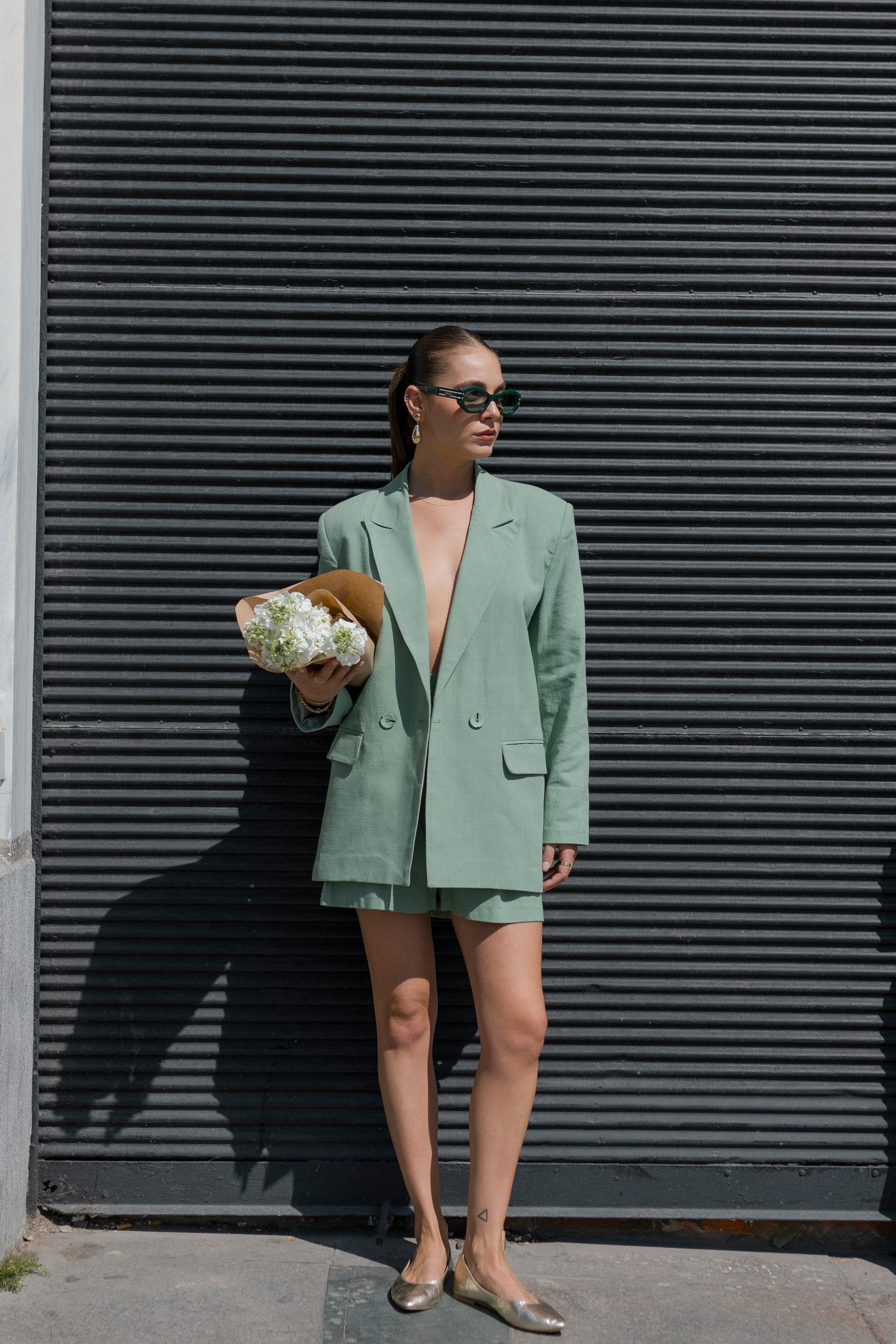 Çağla Yeşili Keten Şort Ceket Takım