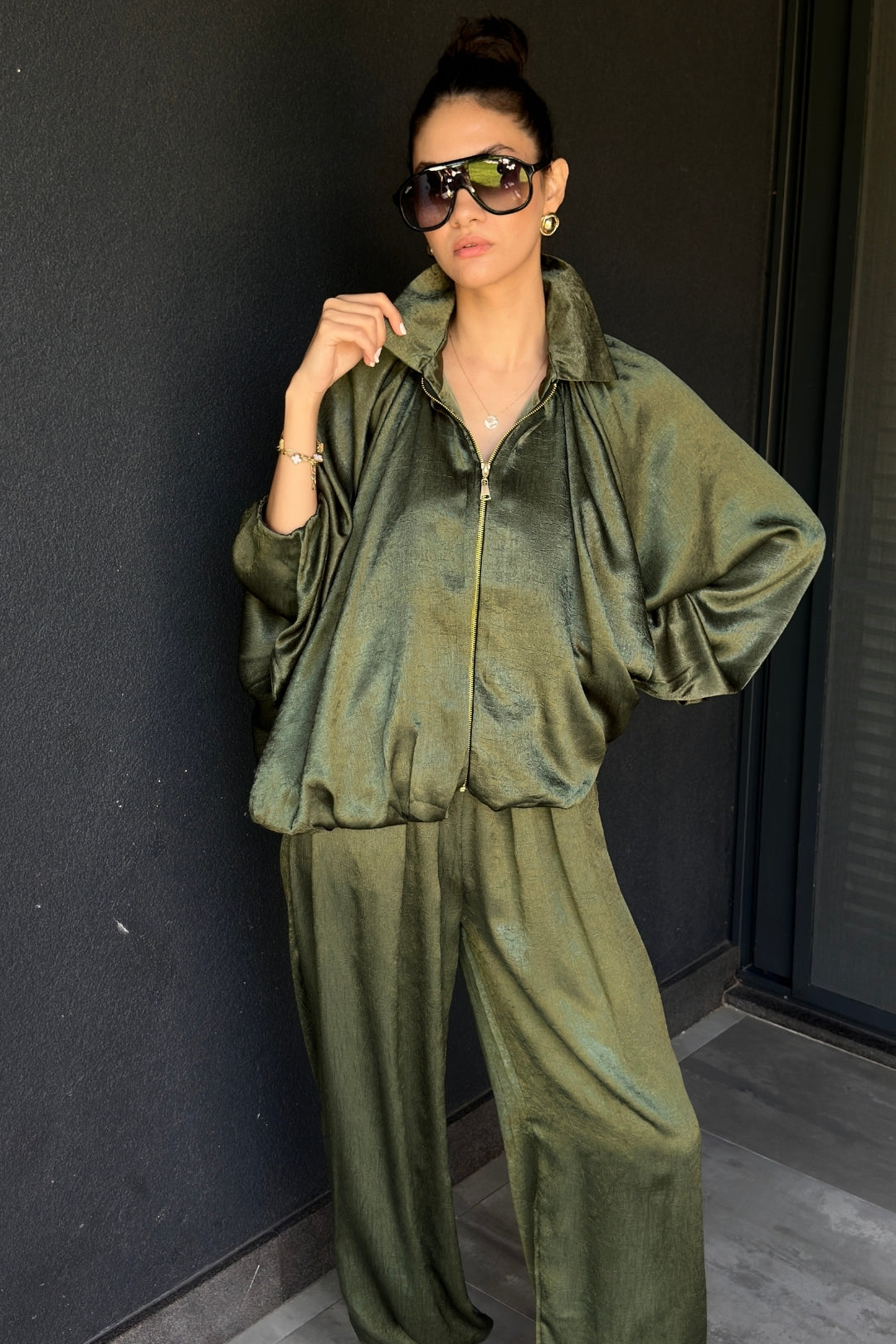 Haki Saten Bomber Ceket Şalvar Pantolon Takım