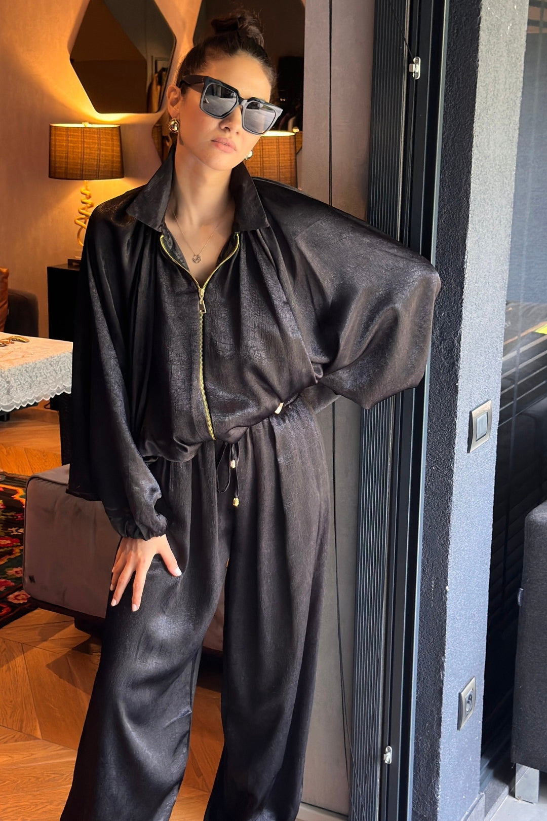 Siyah Saten Bomber Ceket Şalvar Pantolon Takım