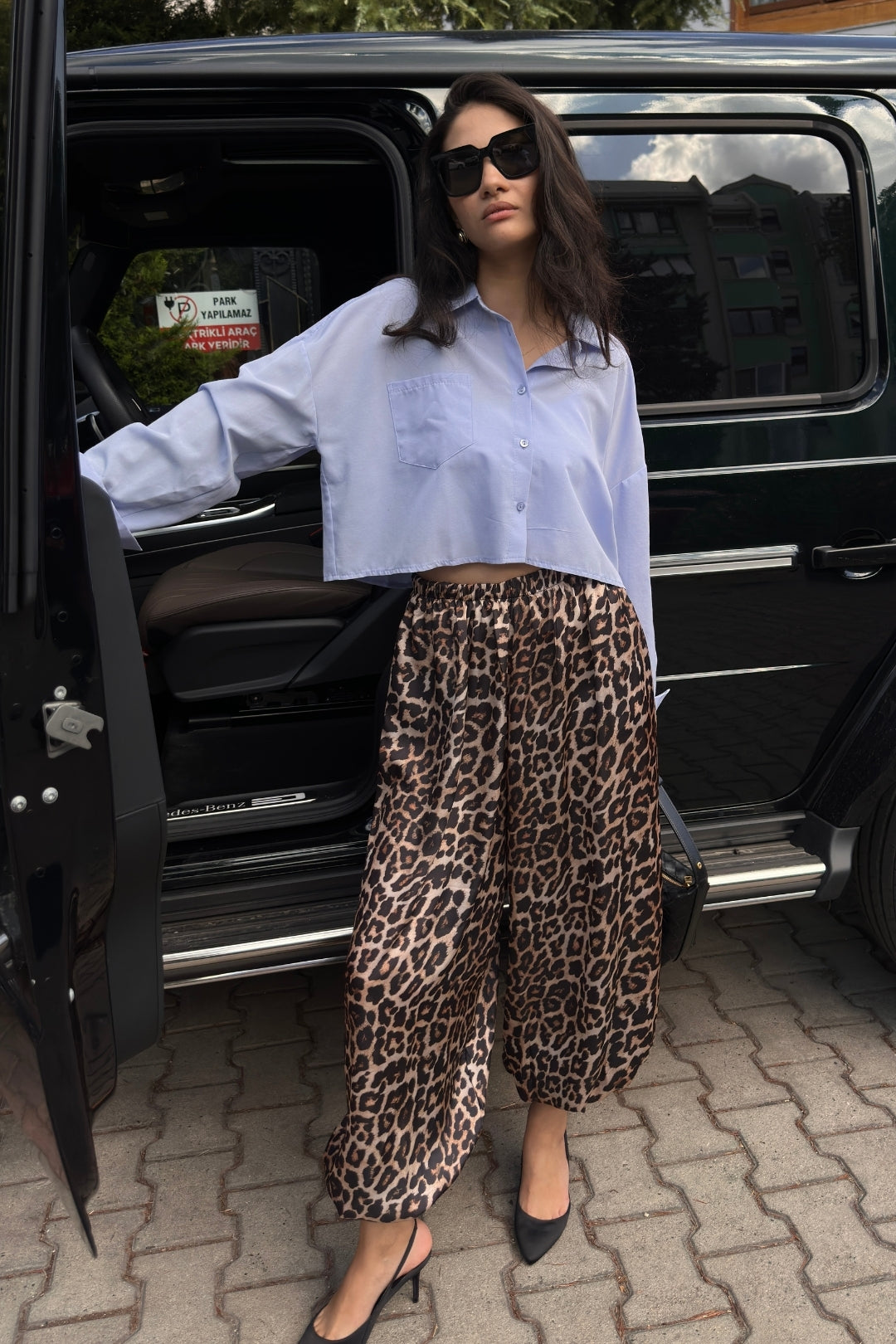 Leopar Saten Şalvar Pantolon