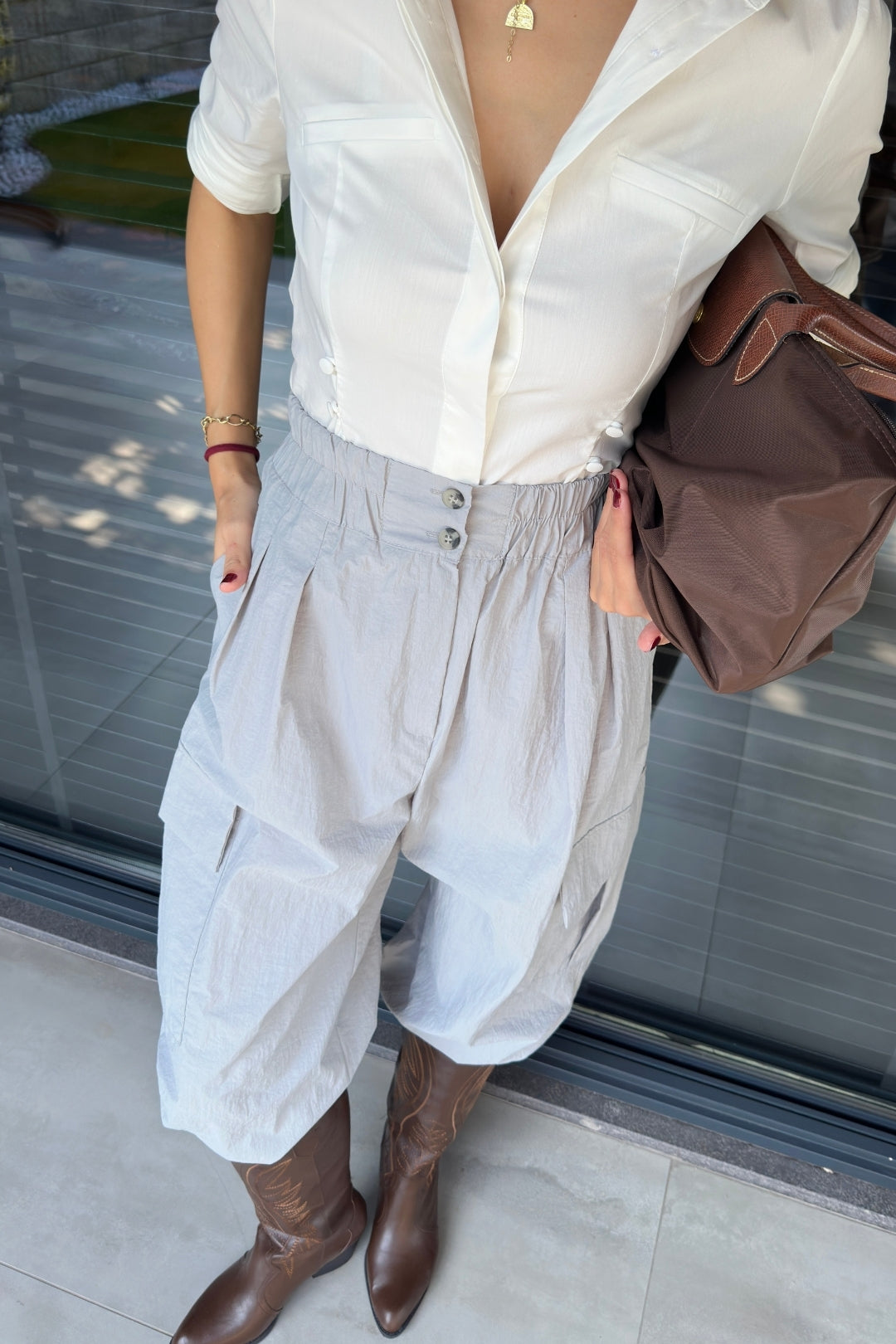 Açık Gri Dokulu Cep Detaylı Kargo Pantolon