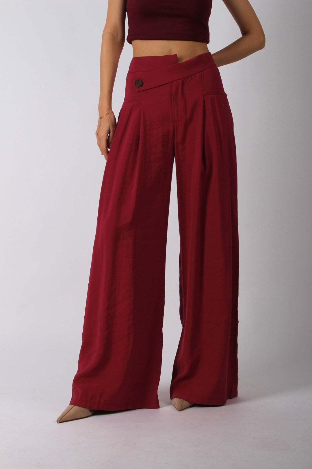 Bordo Çapraz Kemerli Pantolon