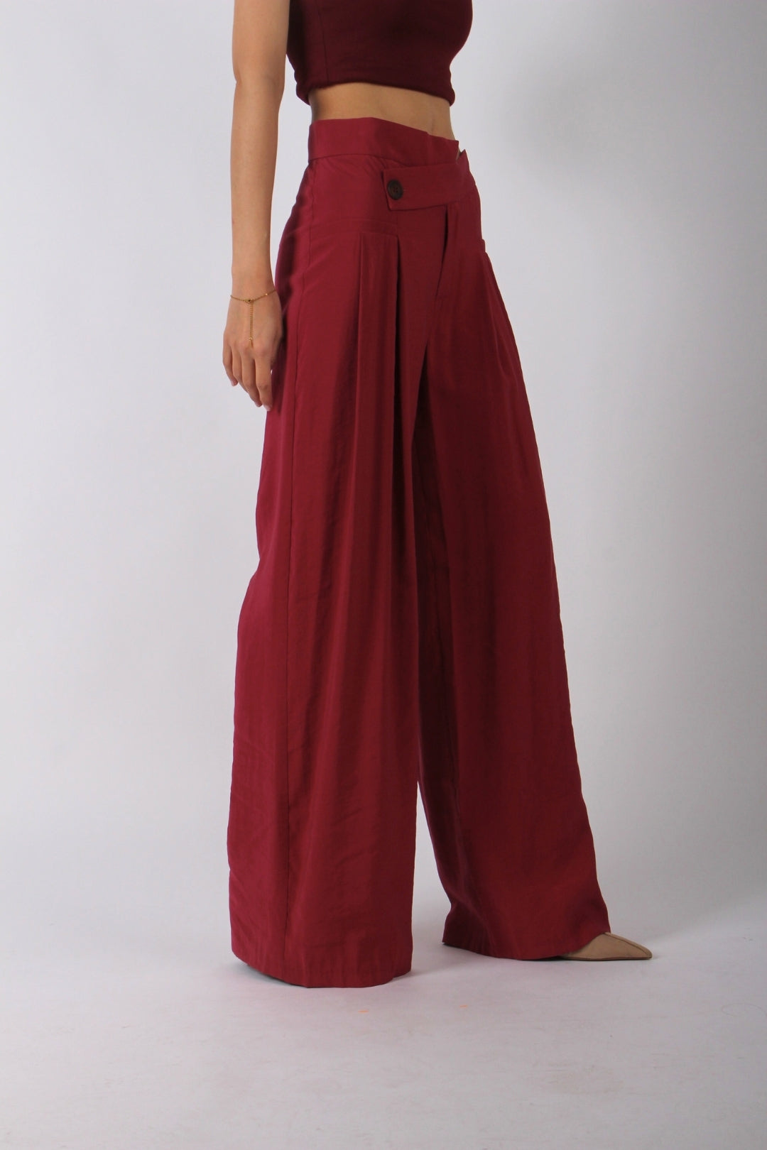 Bordo Çapraz Kemerli Pantolon