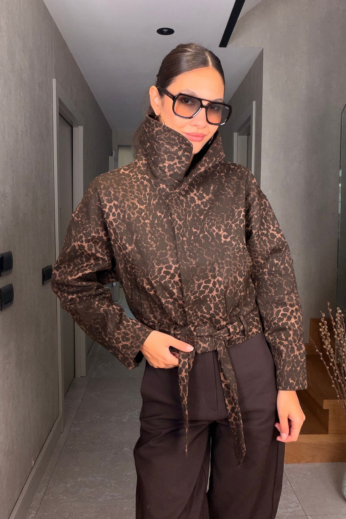 Leopar Desen Gabardin Ceket