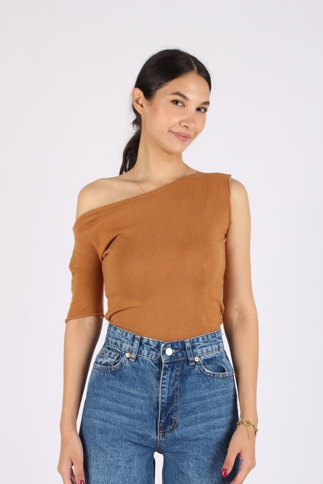 Kahverengi Omuz Detaylı Triko Bluz