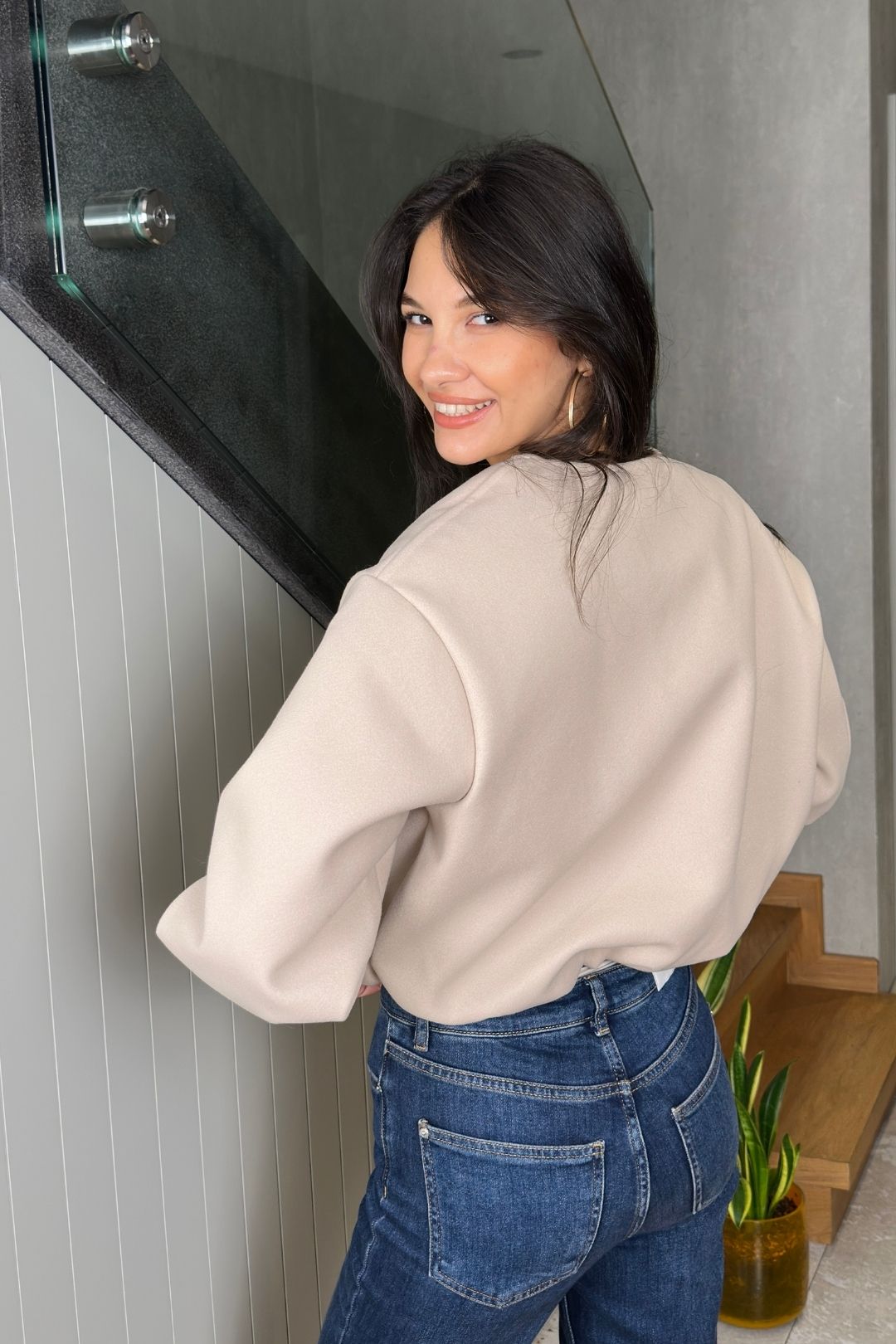 Krem Bomber Kaşe Ceket