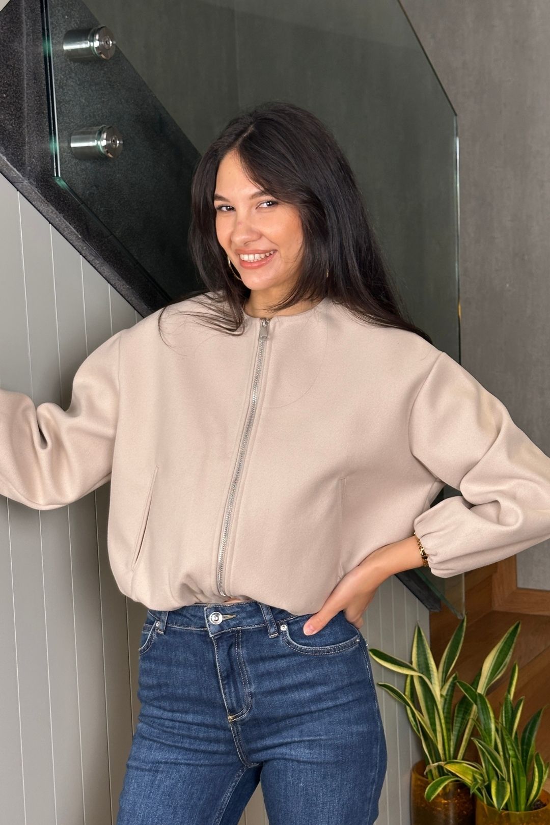 Krem Bomber Kaşe Ceket