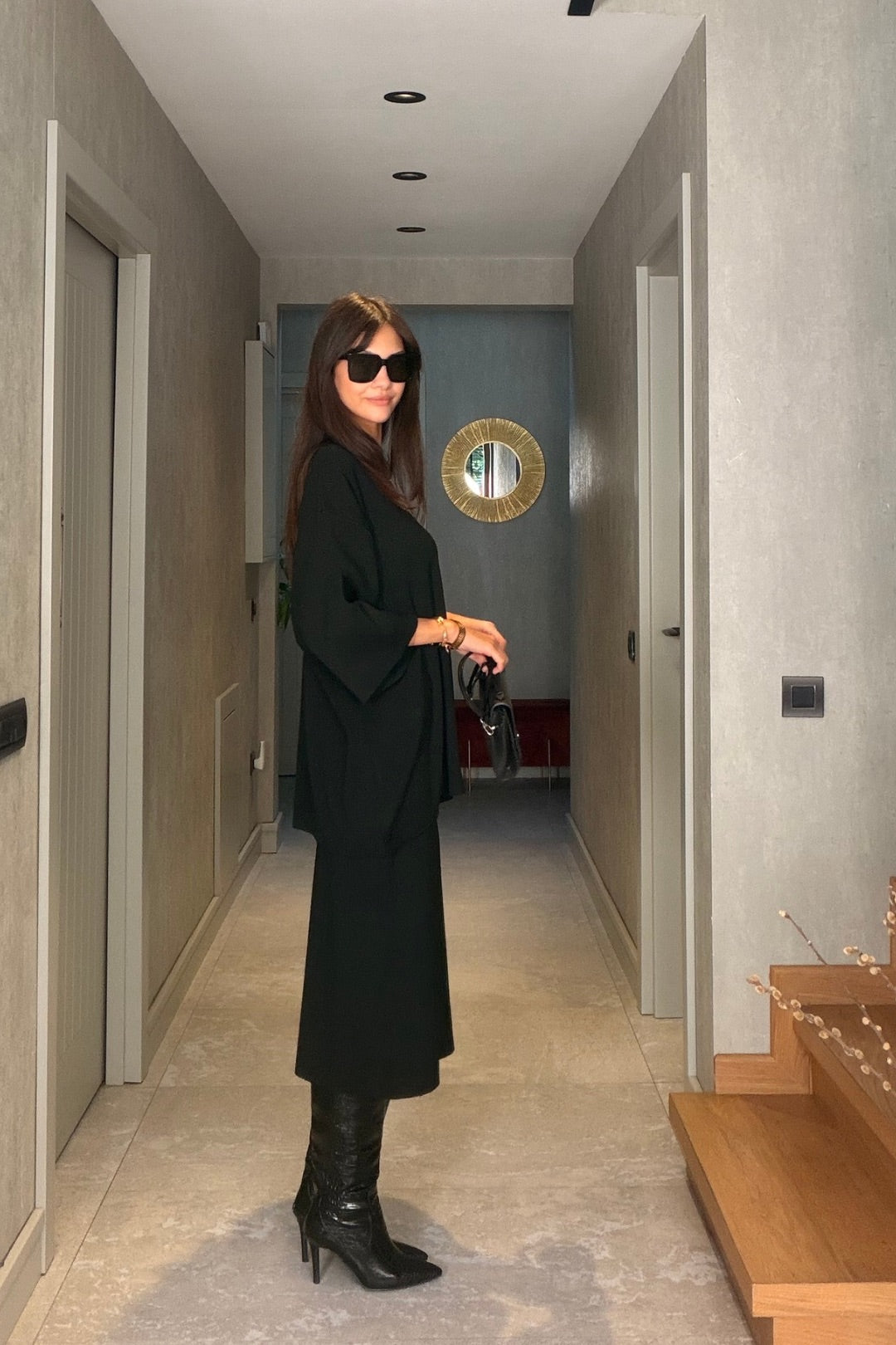Siyah Oversize Triko Kazak Midi Etek Takım