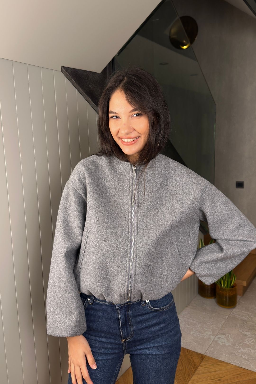 Gri Bomber Kaşe Ceket