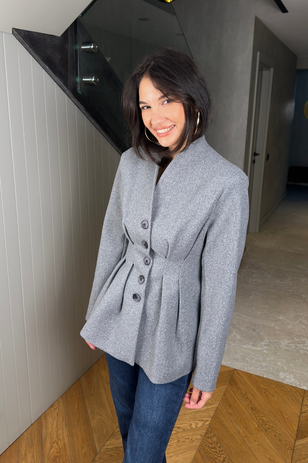 Açık Gri Düğmeli Kaşe Ceket