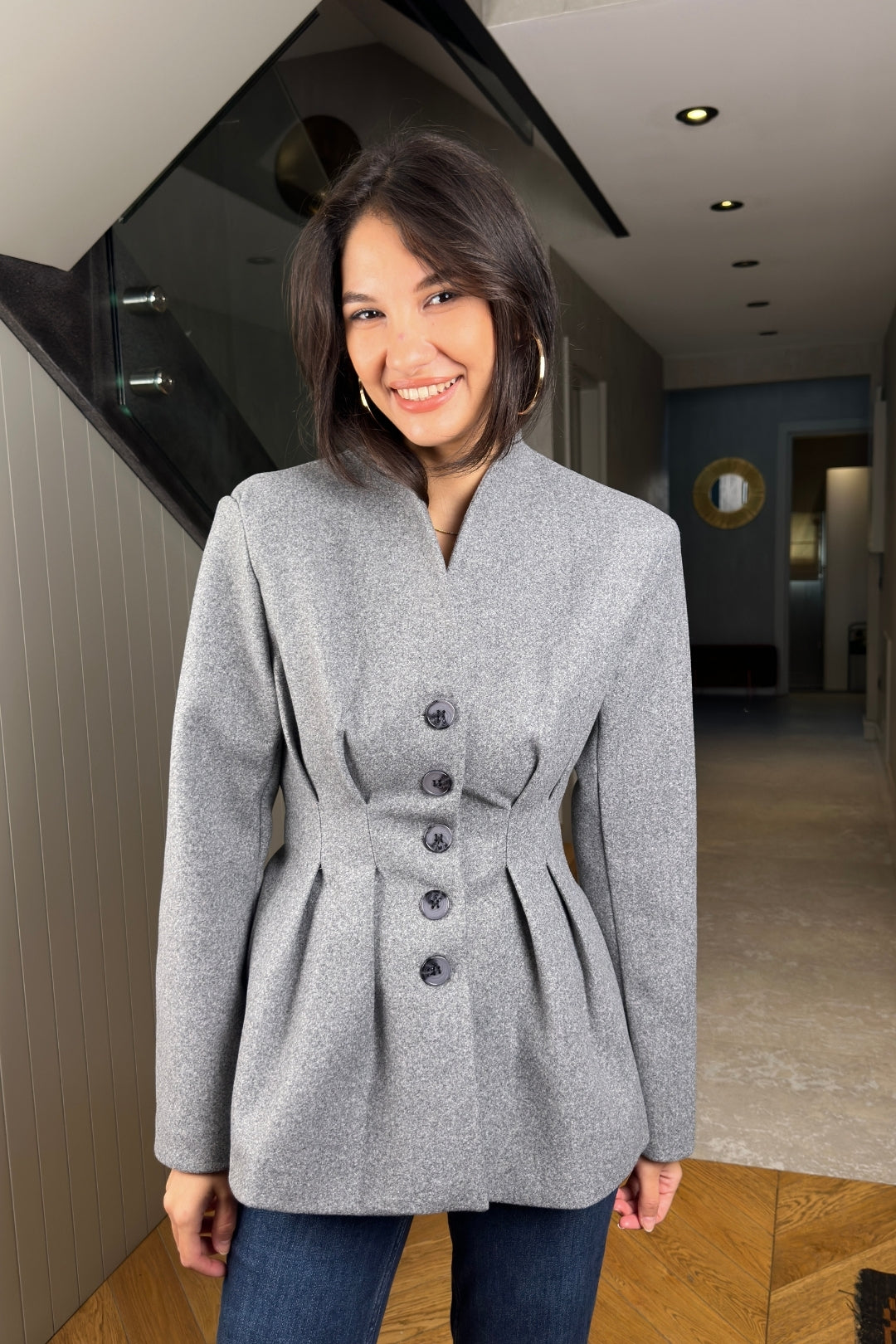 Açık Gri Düğmeli Kaşe Ceket