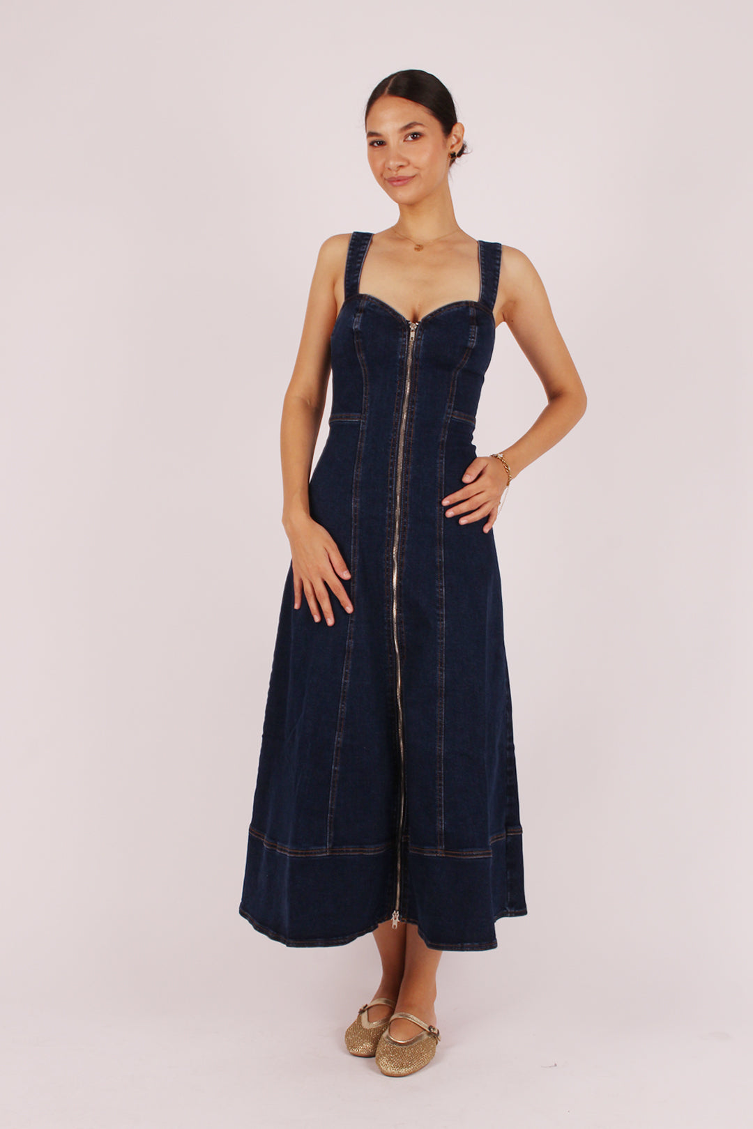 Fermuar Detaylı Kot Elbise