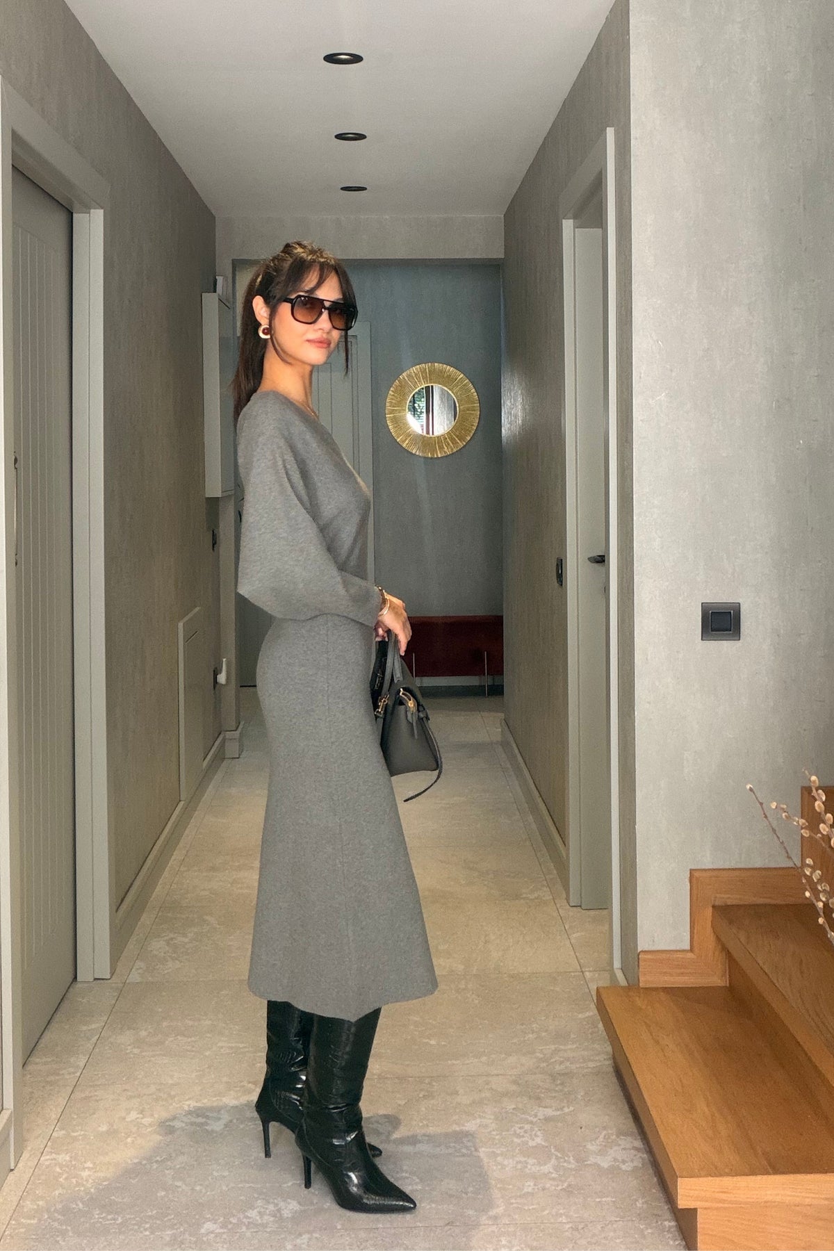 Gri Midi Boy V Yaka Yarasa Kol Elbise