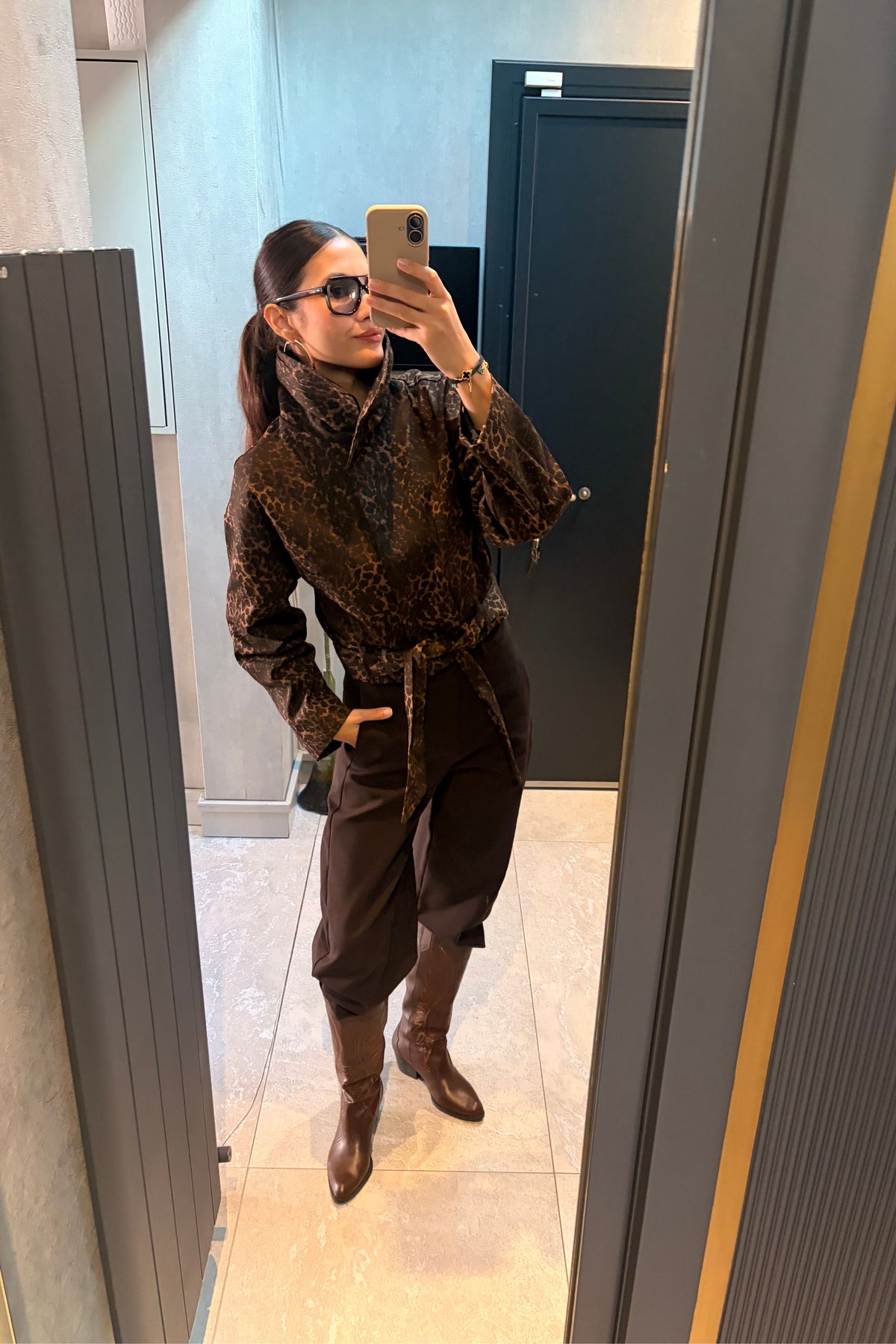 Leopar Desen Gabardin Ceket