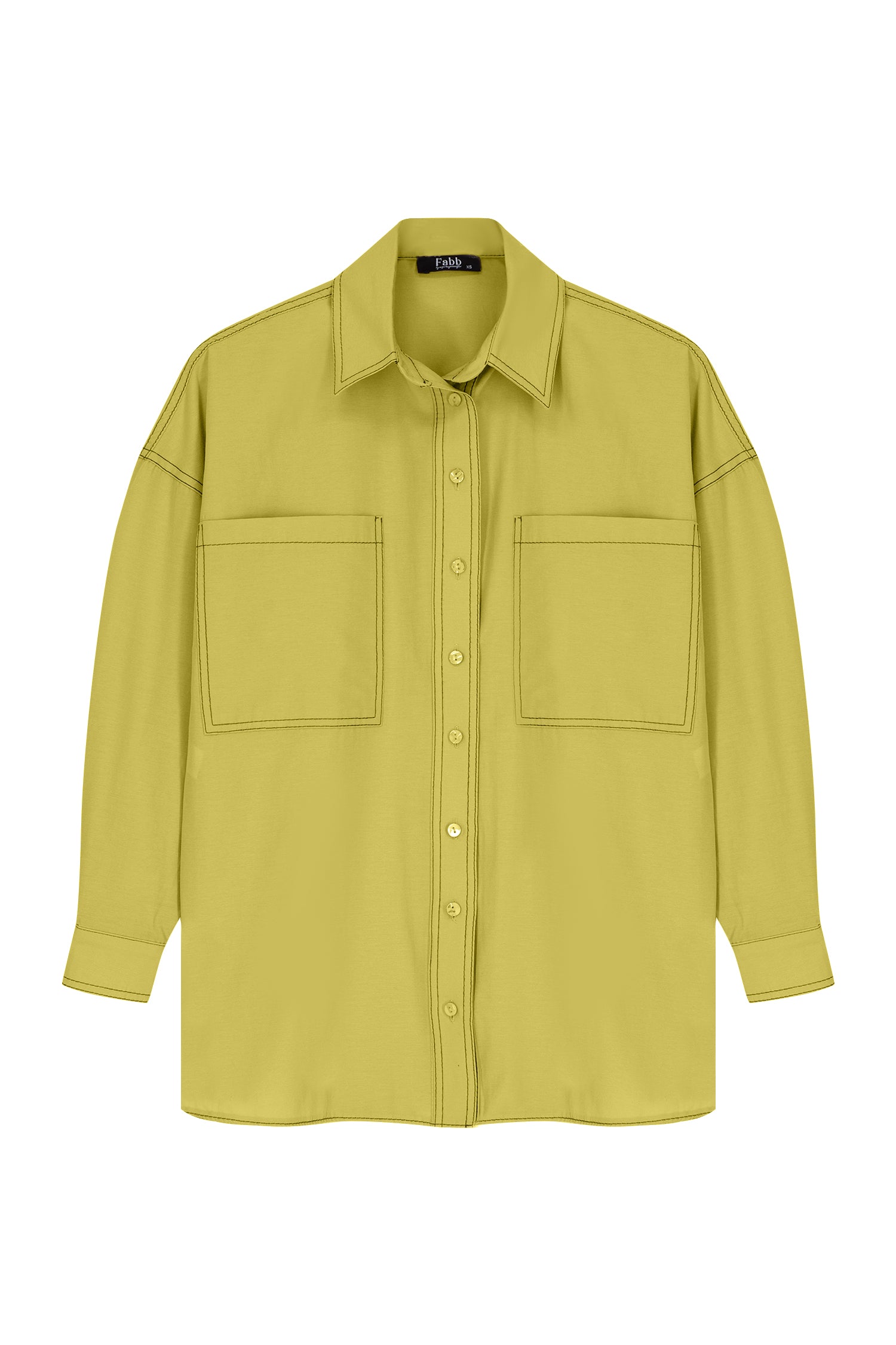 Yağ Yeşili Kontrast Dikiş Detaylı Cepli Gömlek