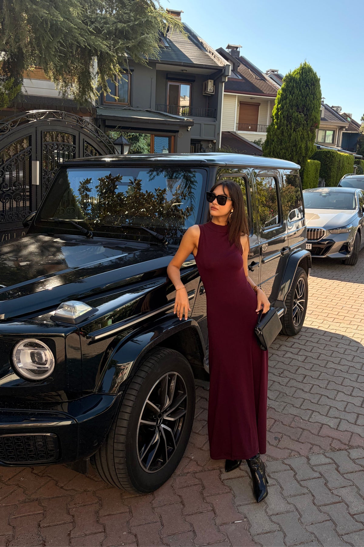 Bordo Kolsuz Yarım Balıkçı Maxi Triko Elbise