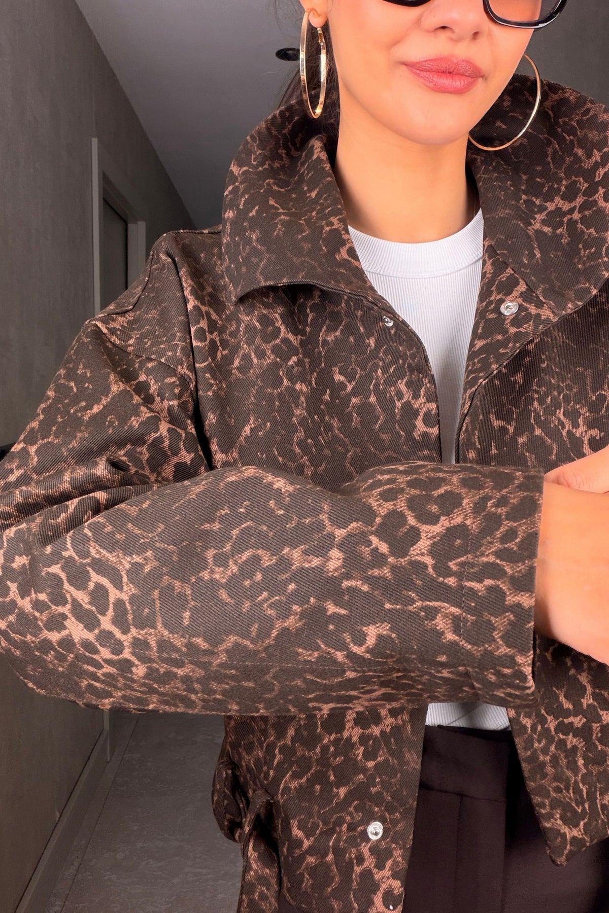 Leopar Desen Gabardin Ceket