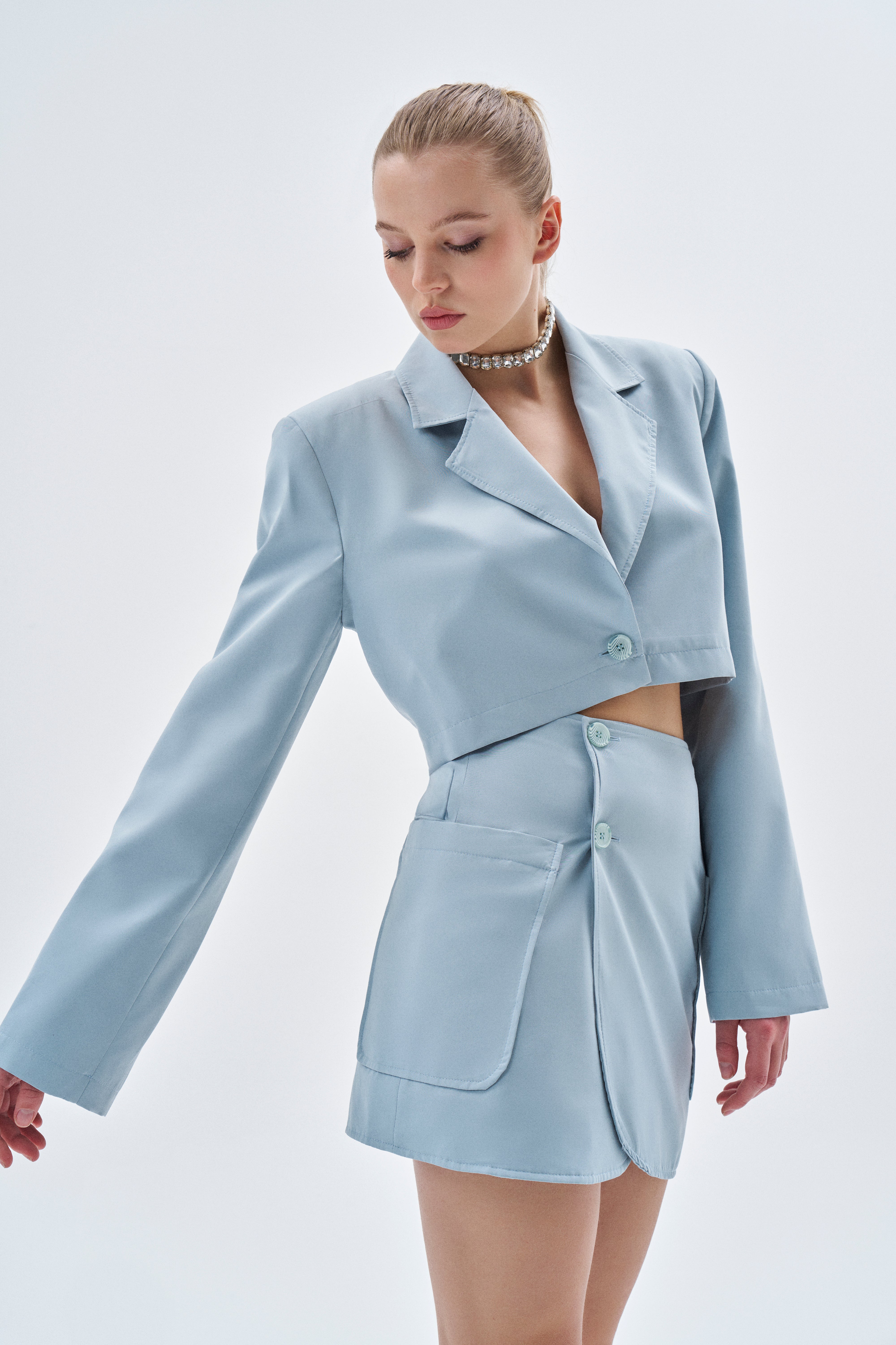 Mint Crop Ceket Ve Cep Detaylı Kruvaze Etek Takım