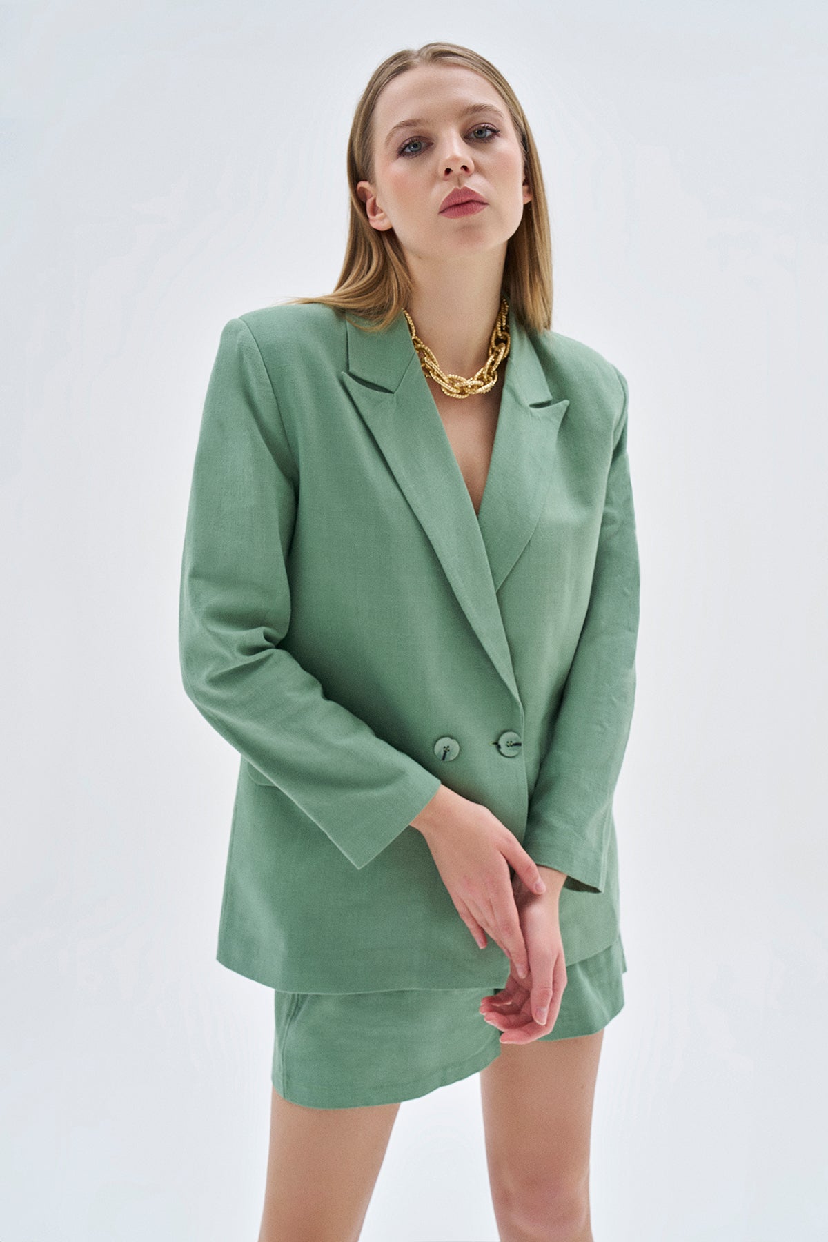 Çağla Yeşili Keten Şort Ceket Takım