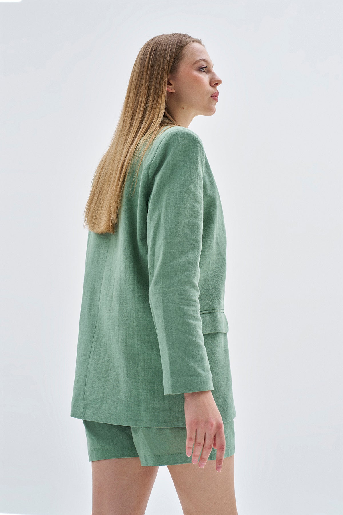 Çağla Yeşili Keten Şort Ceket Takım