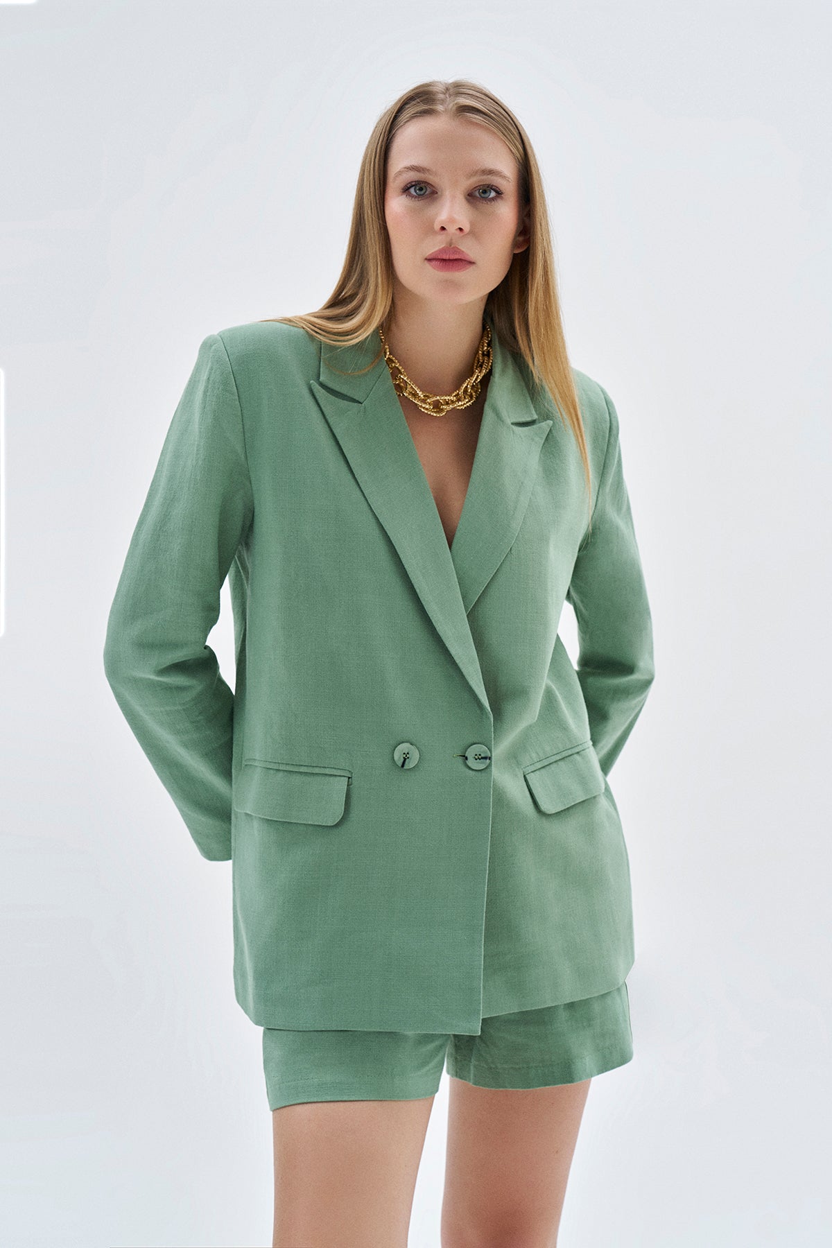 Çağla Yeşili Keten Şort Ceket Takım