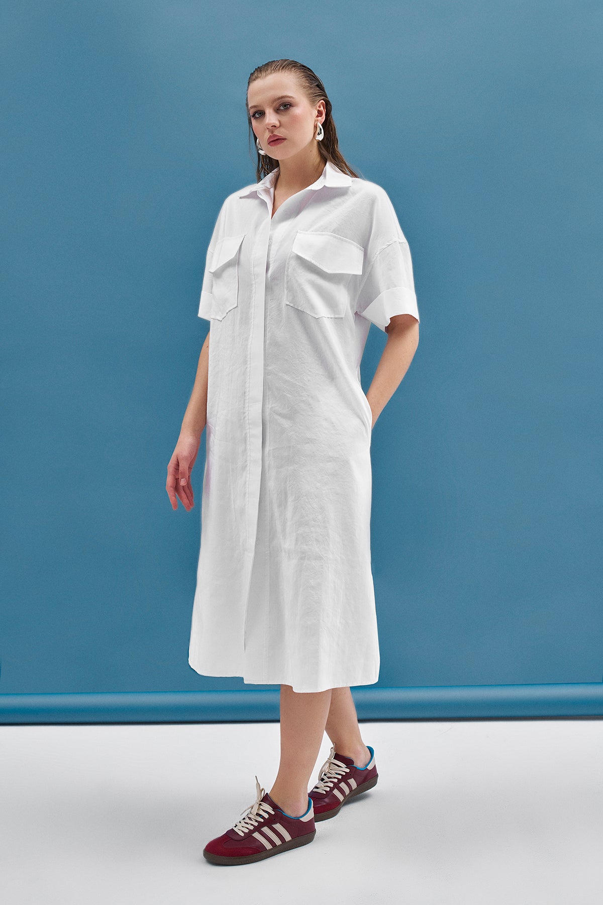 Ekru Çift Cep Detaylı Dokulu Midi Elbise