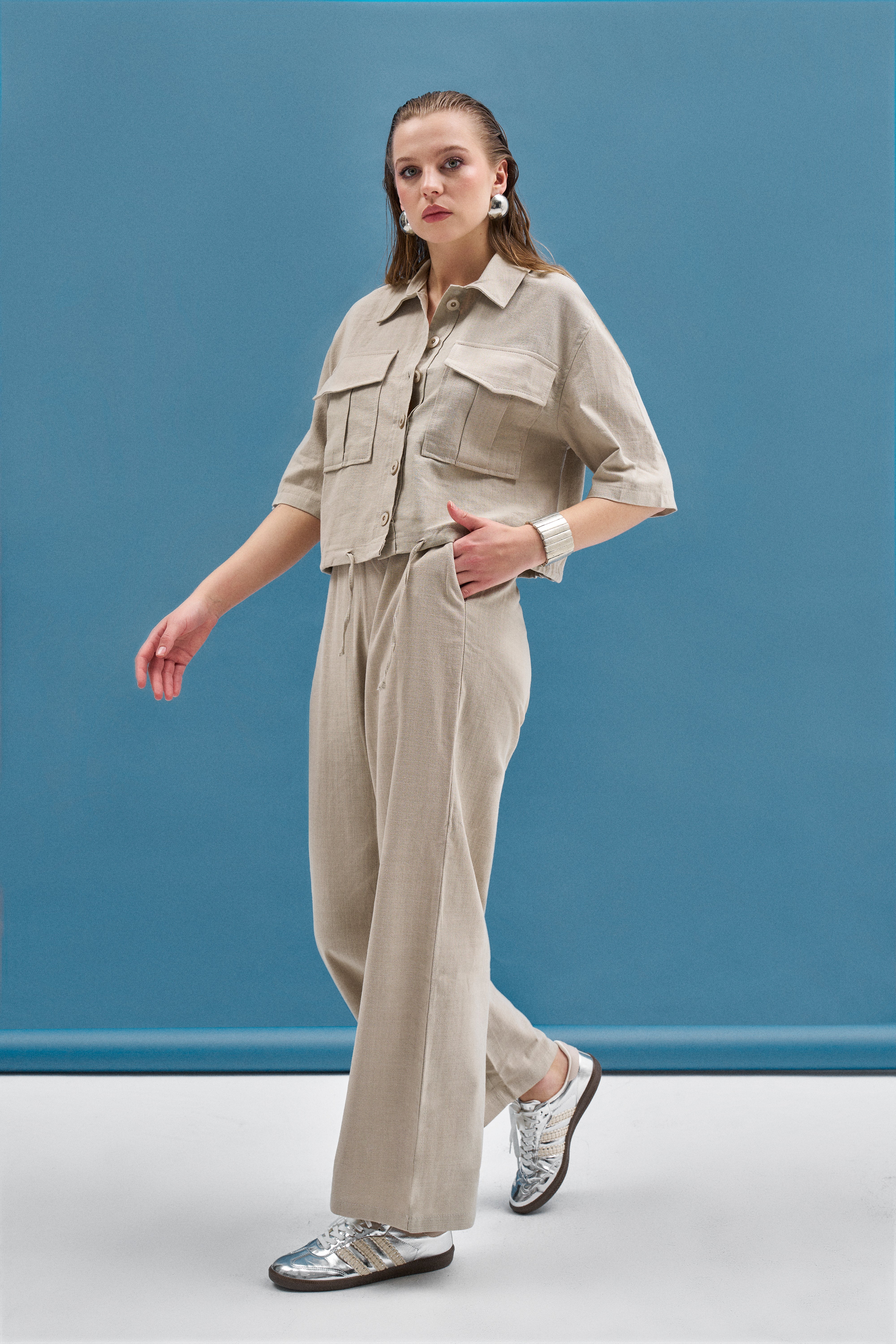 Bej Keten Cep Detaylı Gömlek Pantolon Takım