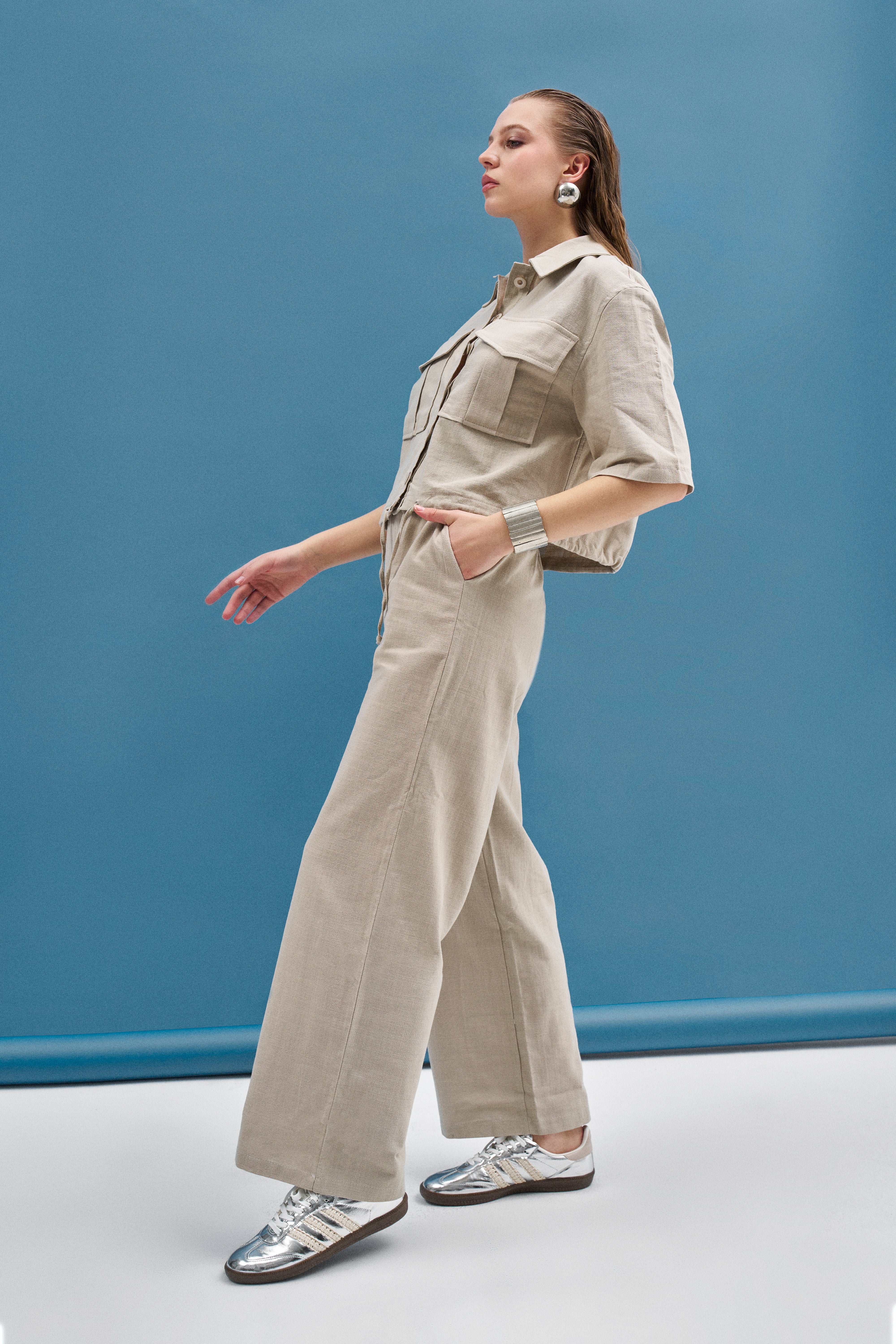 Bej Keten Cep Detaylı Gömlek Pantolon Takım