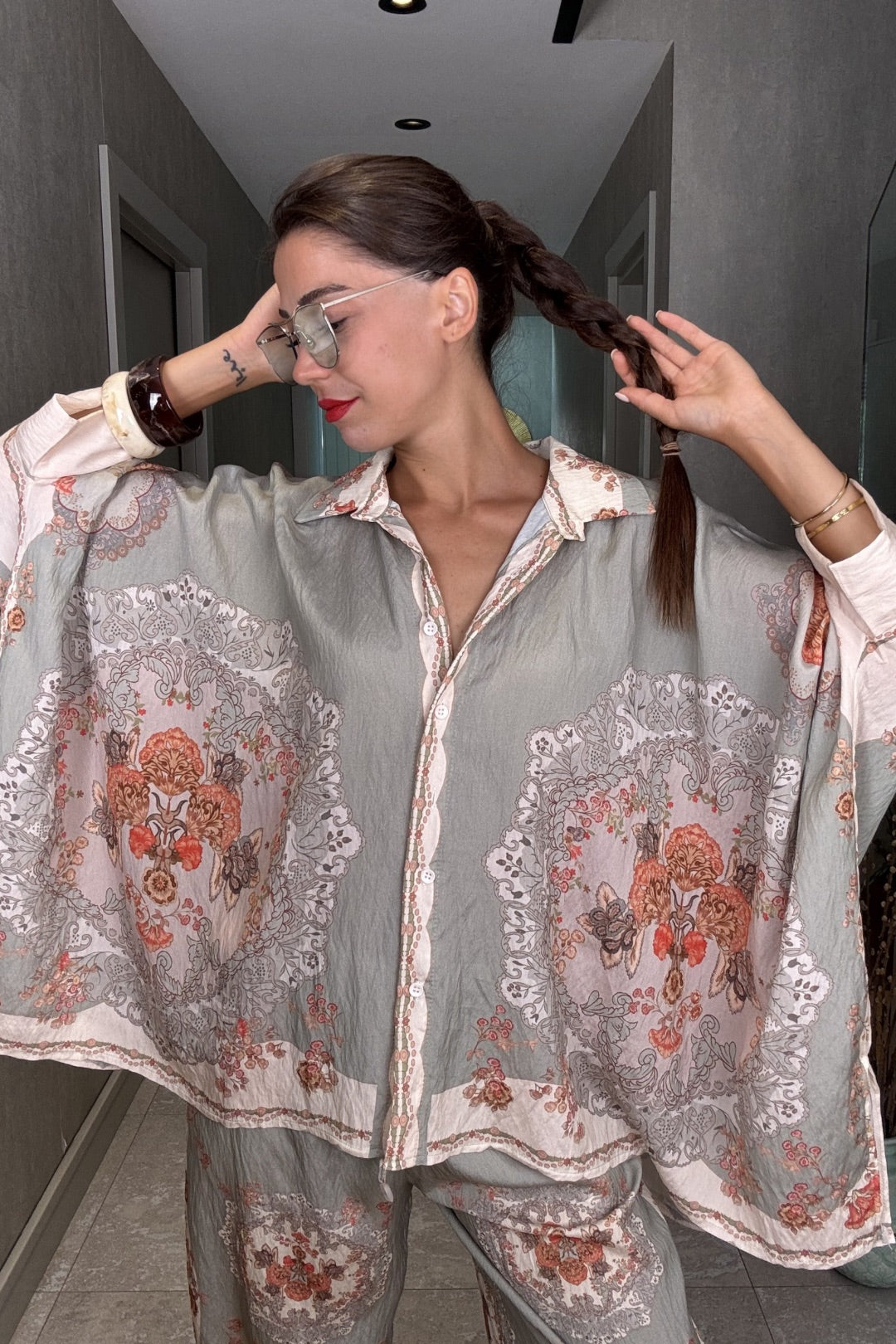 Desenli İthal Pantolon Bluz Takım
