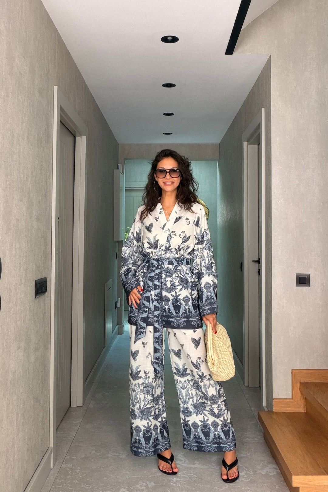 Mavi Desenli Kimono Takım