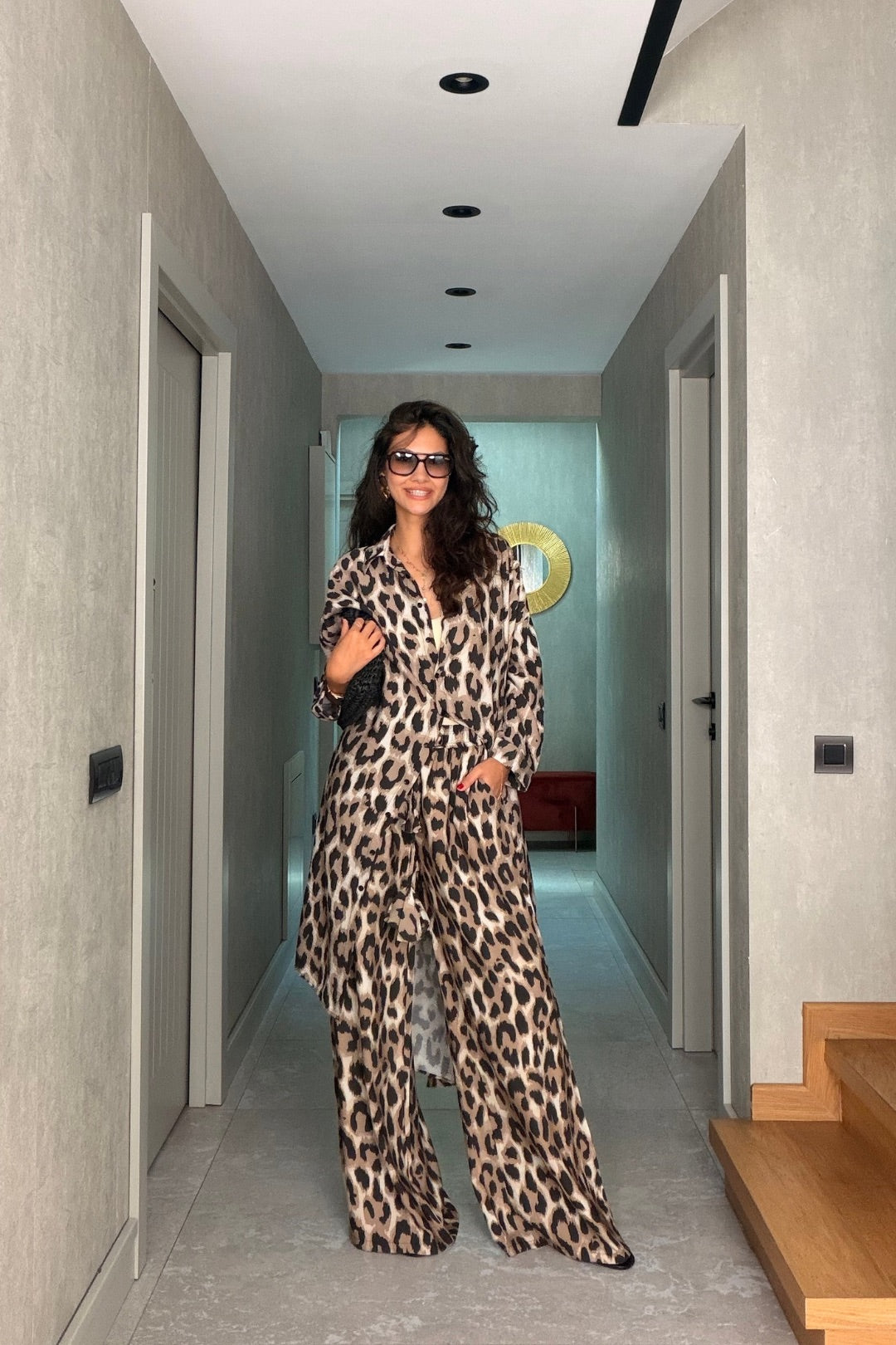 Leopar Desenli Pantolon Kimono Takım