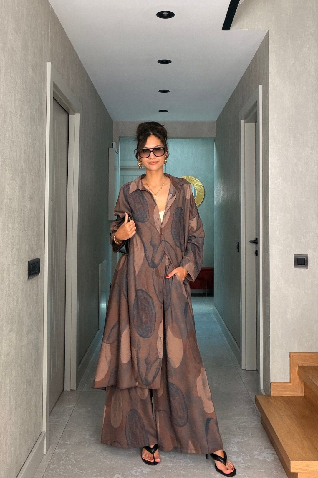 Kahverengi Desenli Pantolon Kimono Takım