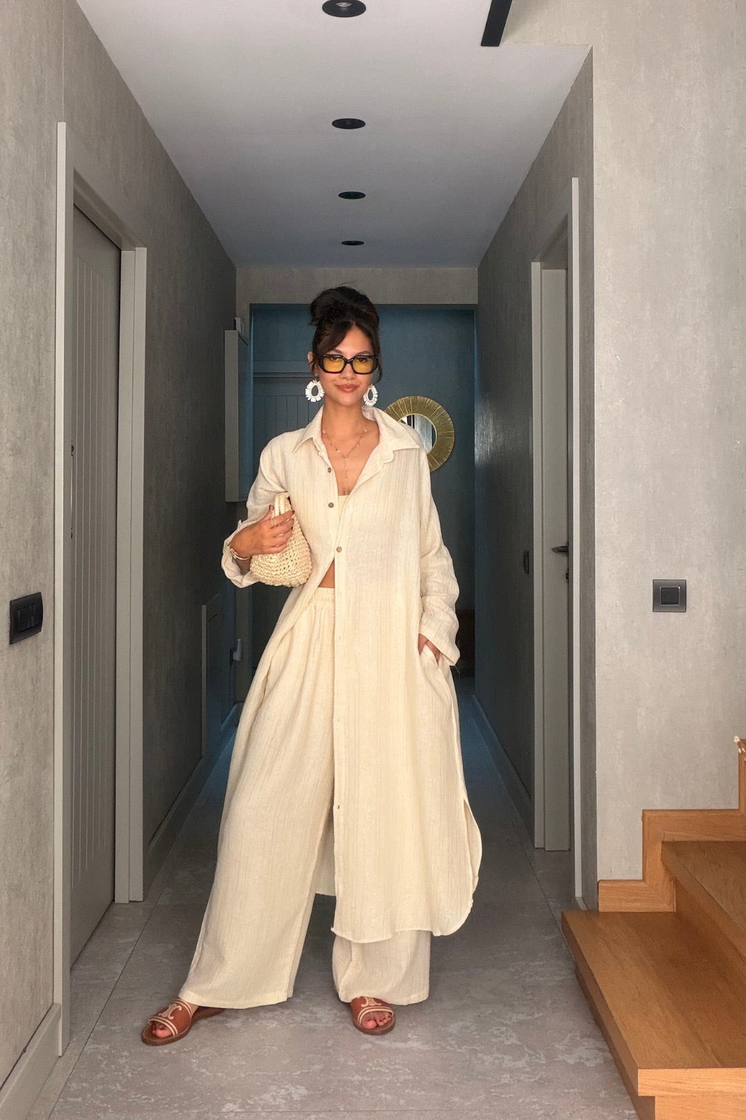 Bej Simli Pantolon Kimono Takım