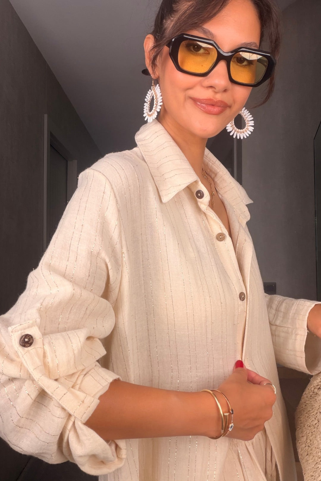Bej Simli Pantolon Kimono Takım