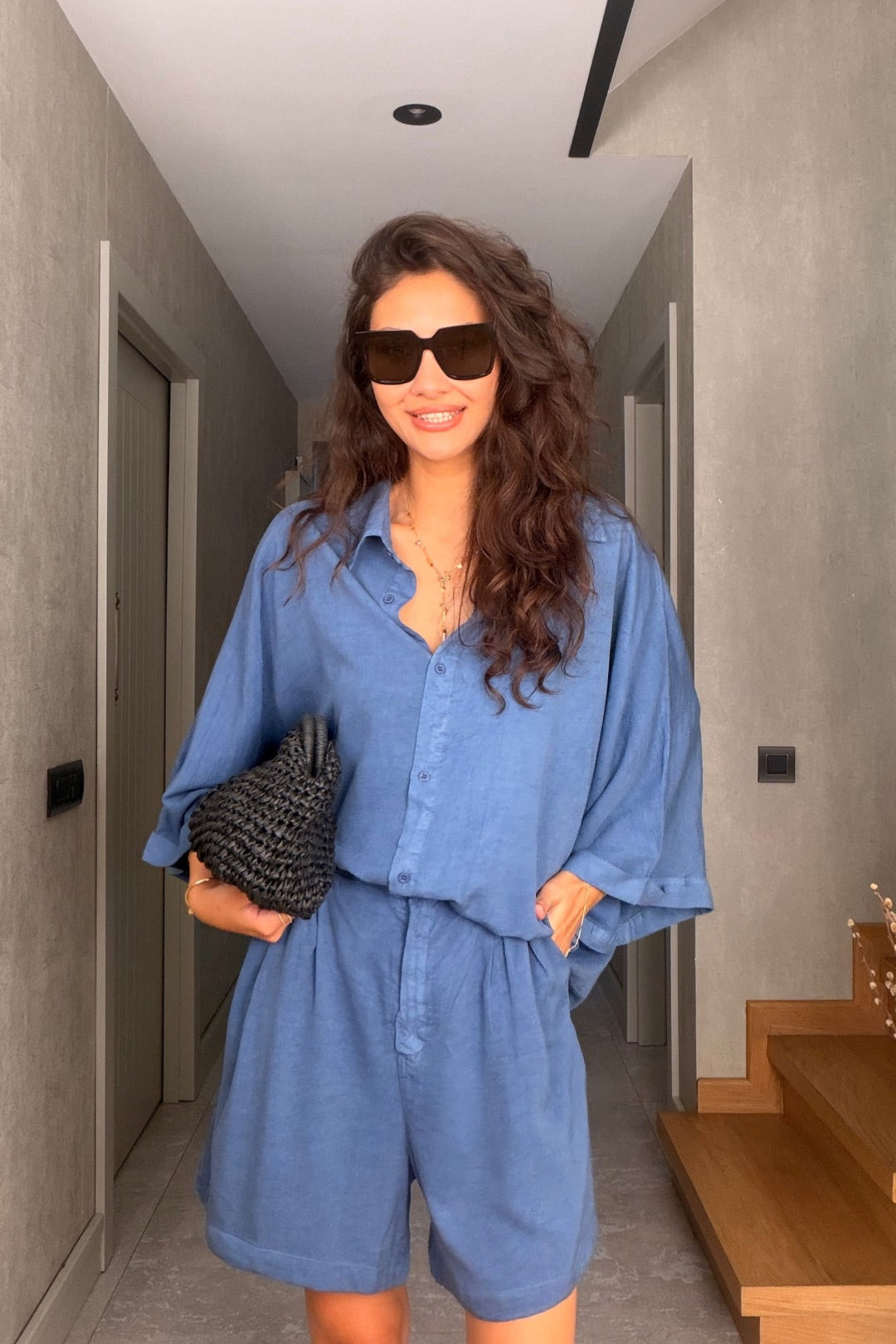 İndigo Tensel Şortlu Oversize Takım