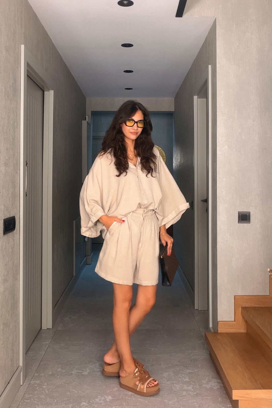 Taş Tensel Şortlu Oversize Takım