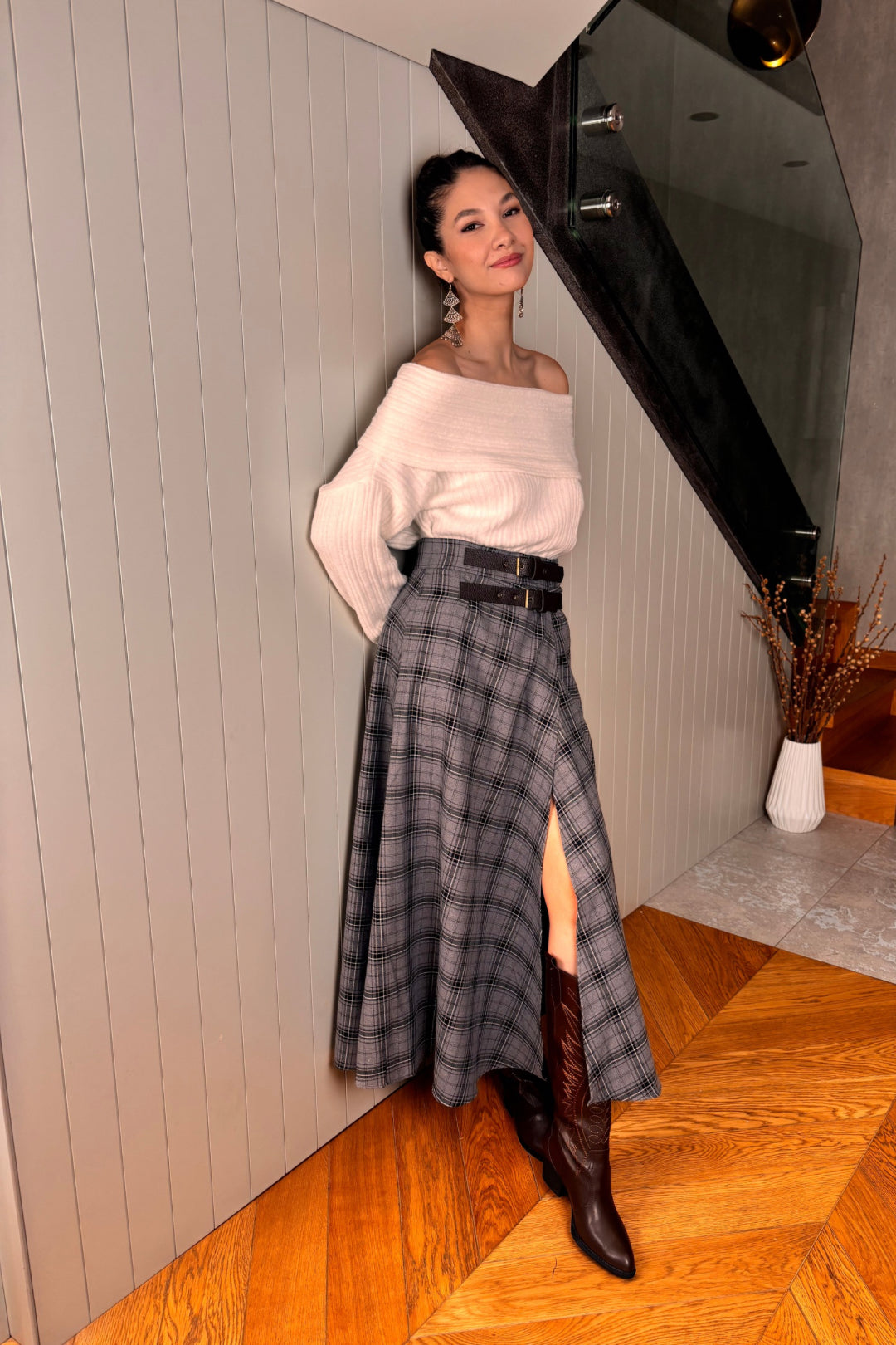 Antrasit Ekose Yırtmaçlı Etek