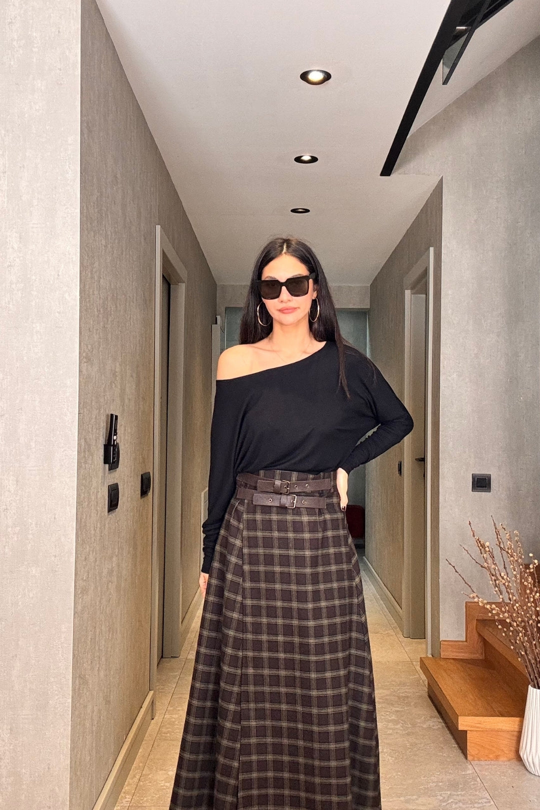 Haki Ekose Yırtmaçlı Etek