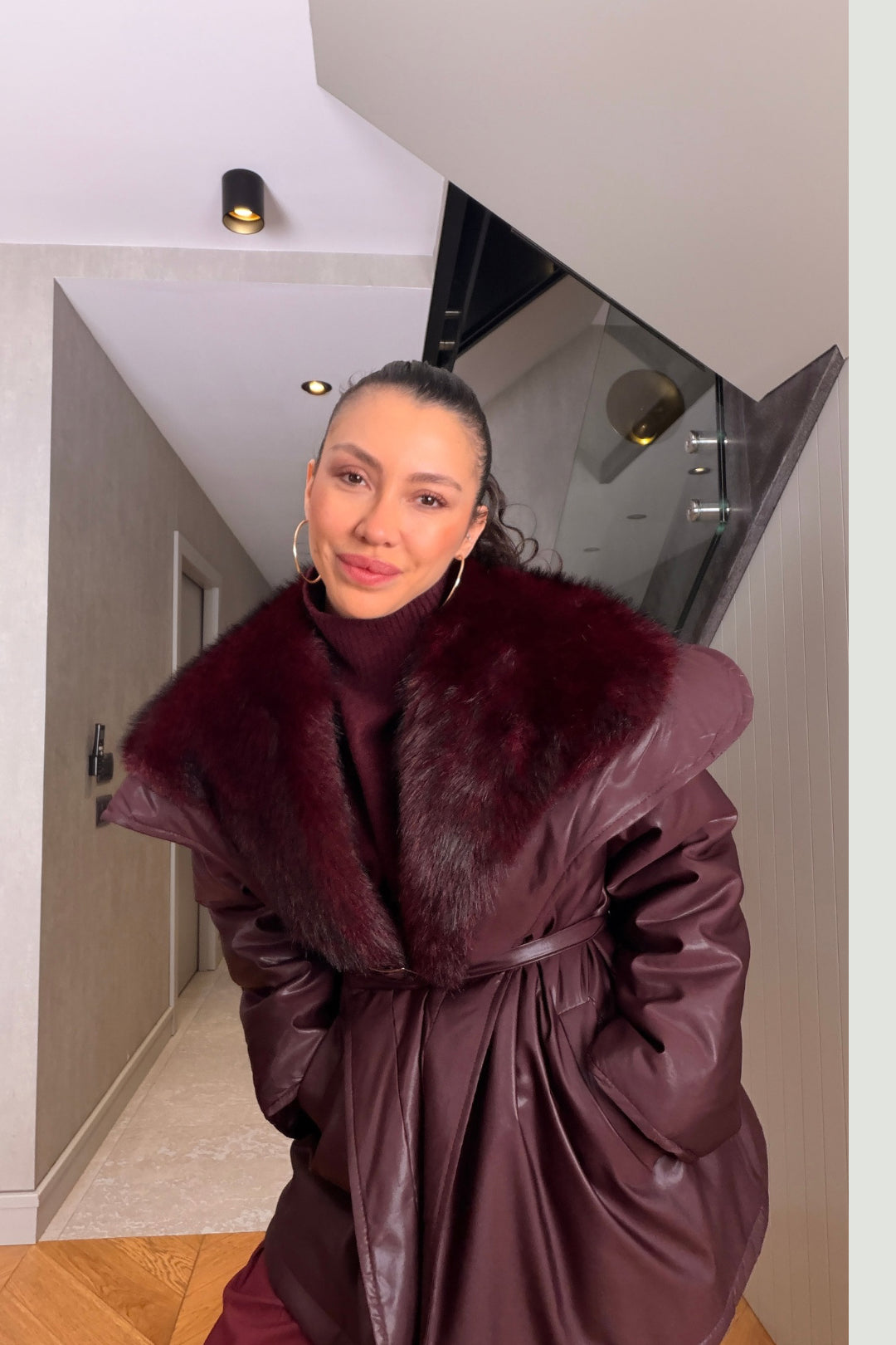 Bordo Kürk Yaka Mont