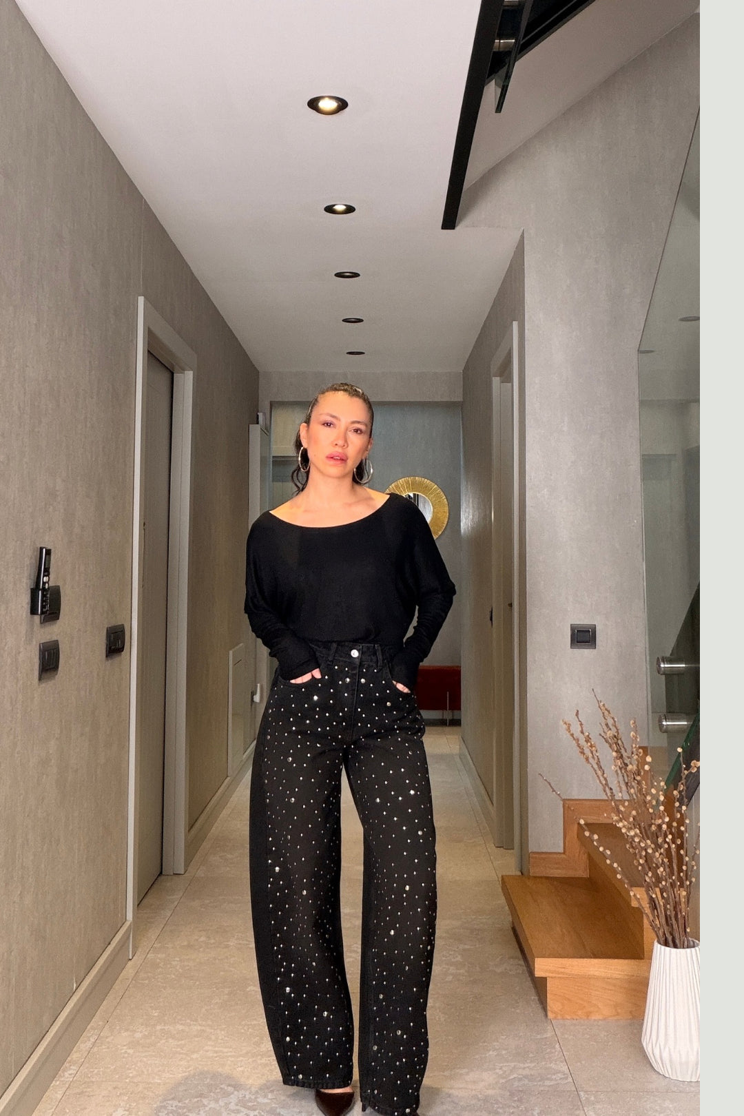 Siyah Zımbalı Balon Model Jean Pantolon