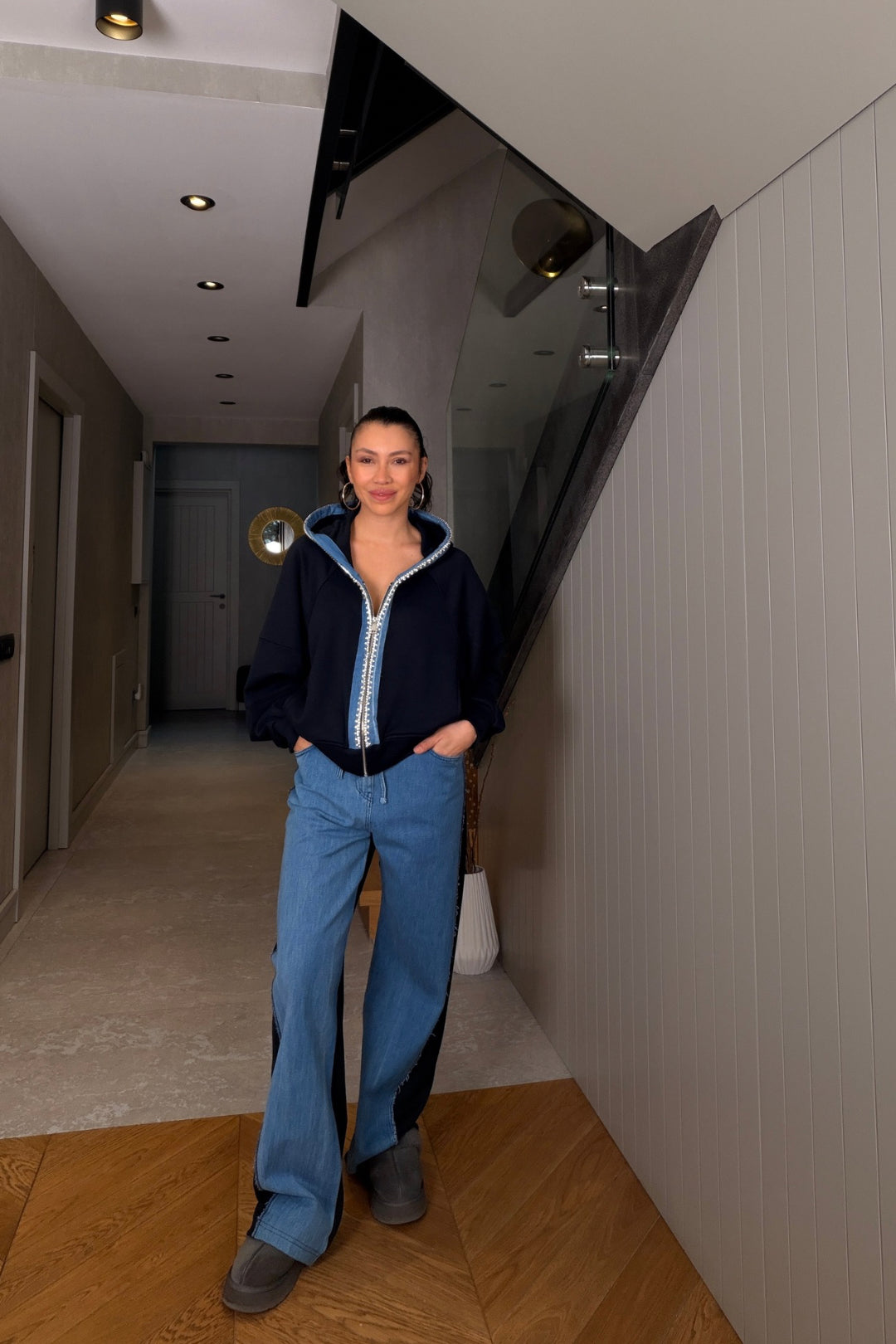 Lacivert Taşlı Kot Detaylı Eşofman Takım