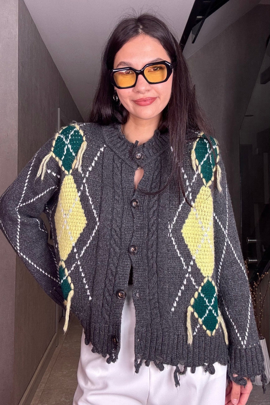 Gri Baklava Desen Premium Hırka