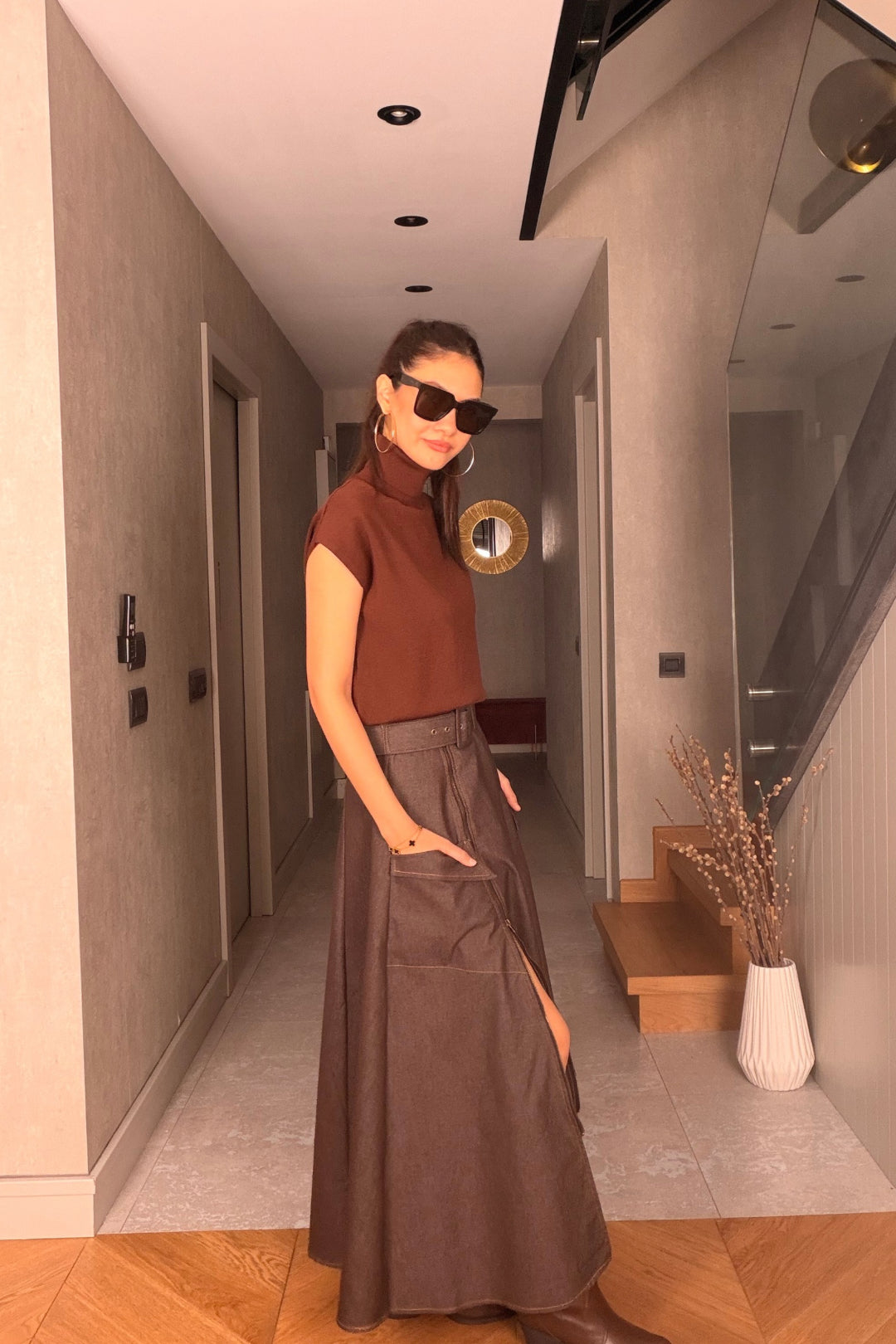 Kahverengi Fermuarlı Jean Etek