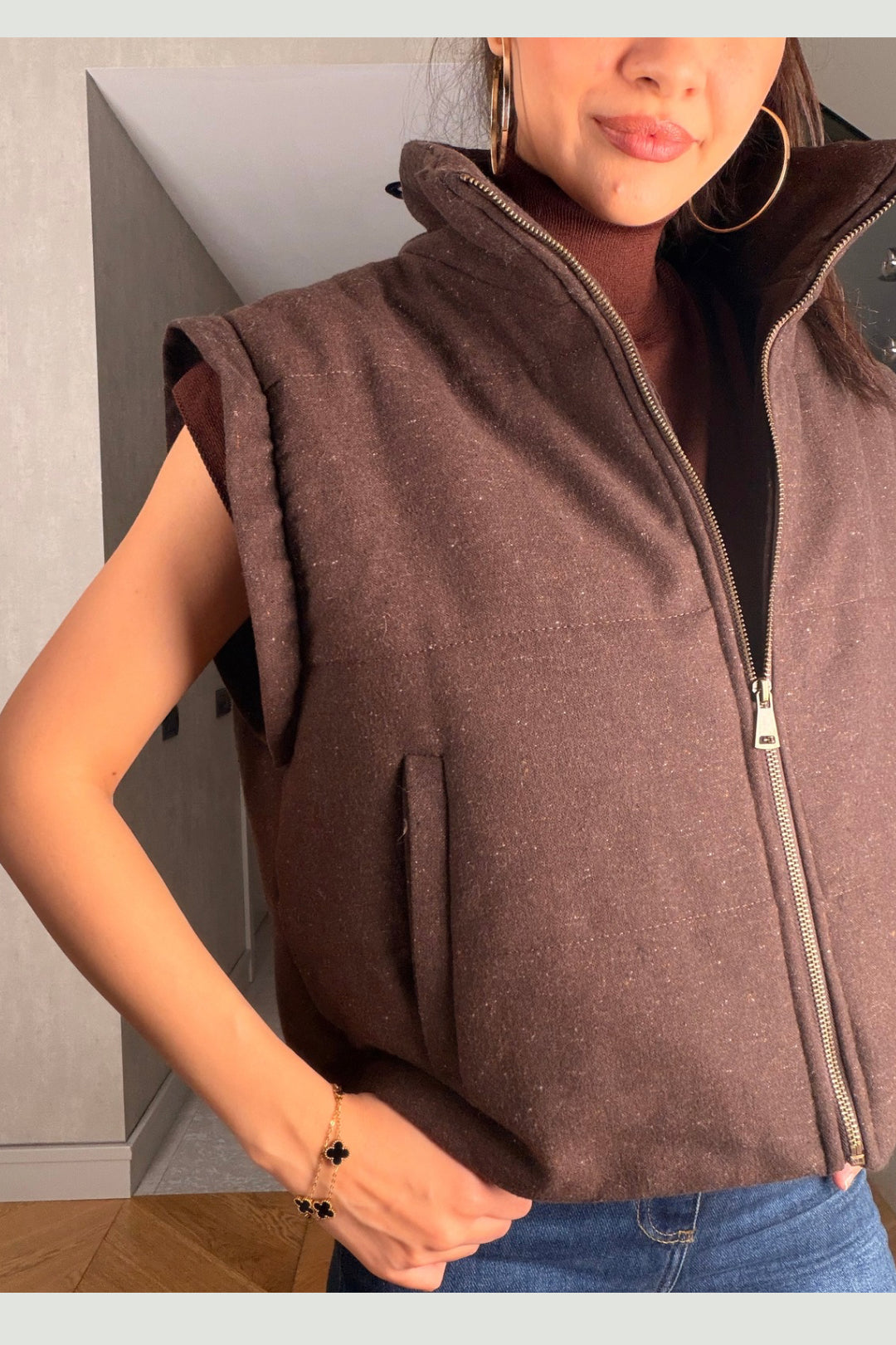 Kahverengi Tüvit Yelek Mont