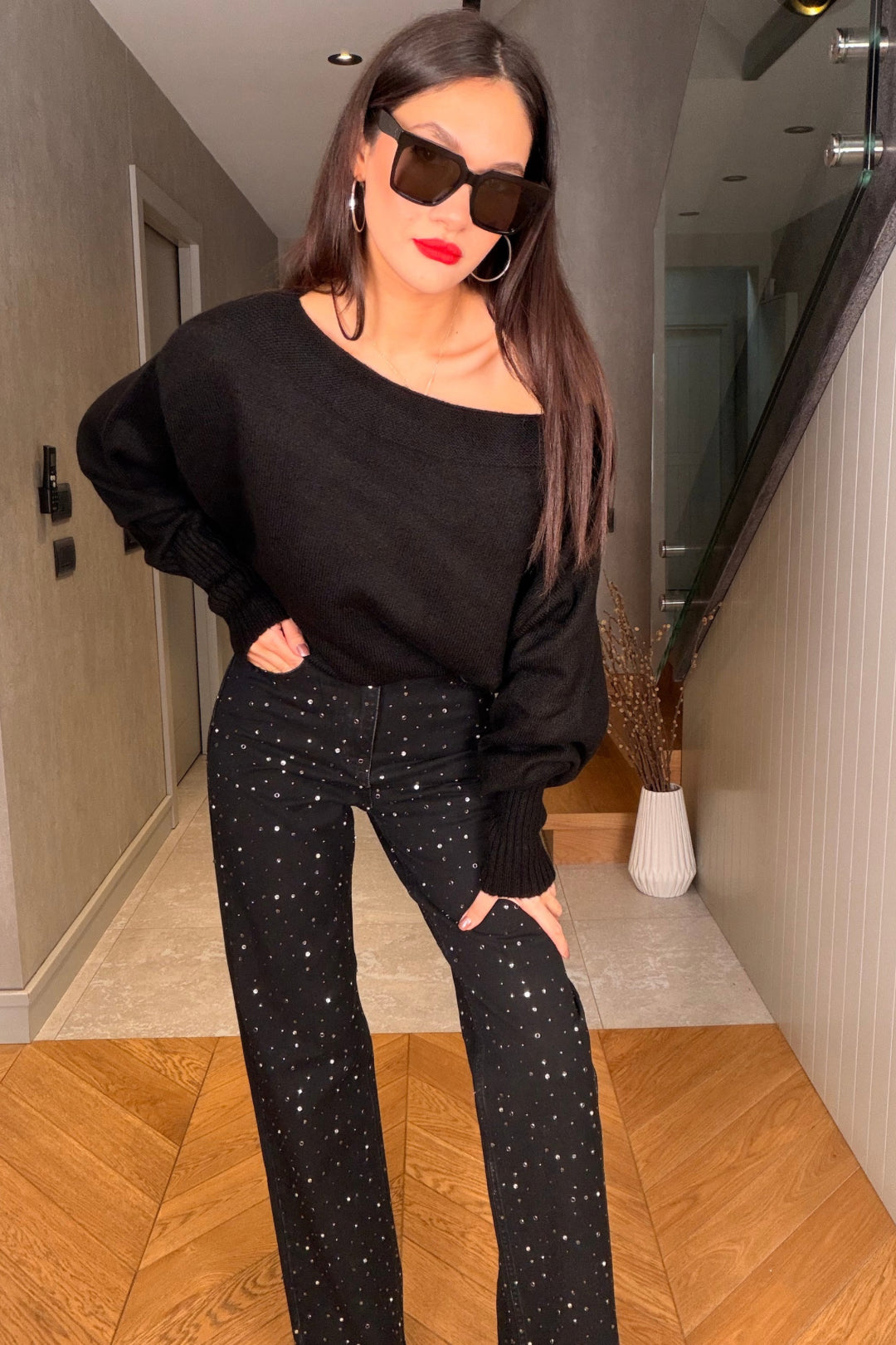 Siyah Taşlı Palazzo Jean Pantolon