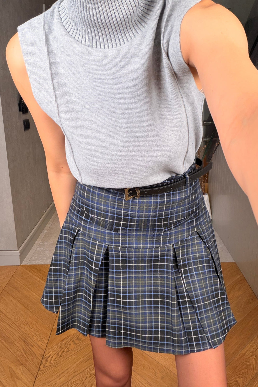 Lacivert Ekose Mini Şort Etek