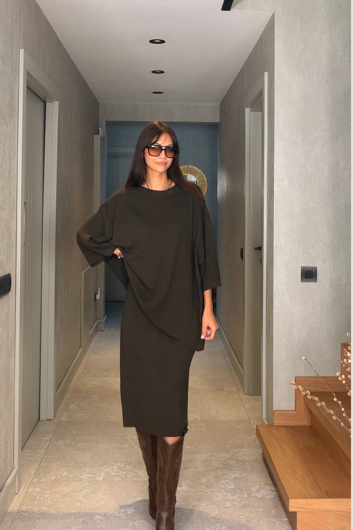 Kahverengi Oversize Triko Kazak Midi Etek Takım