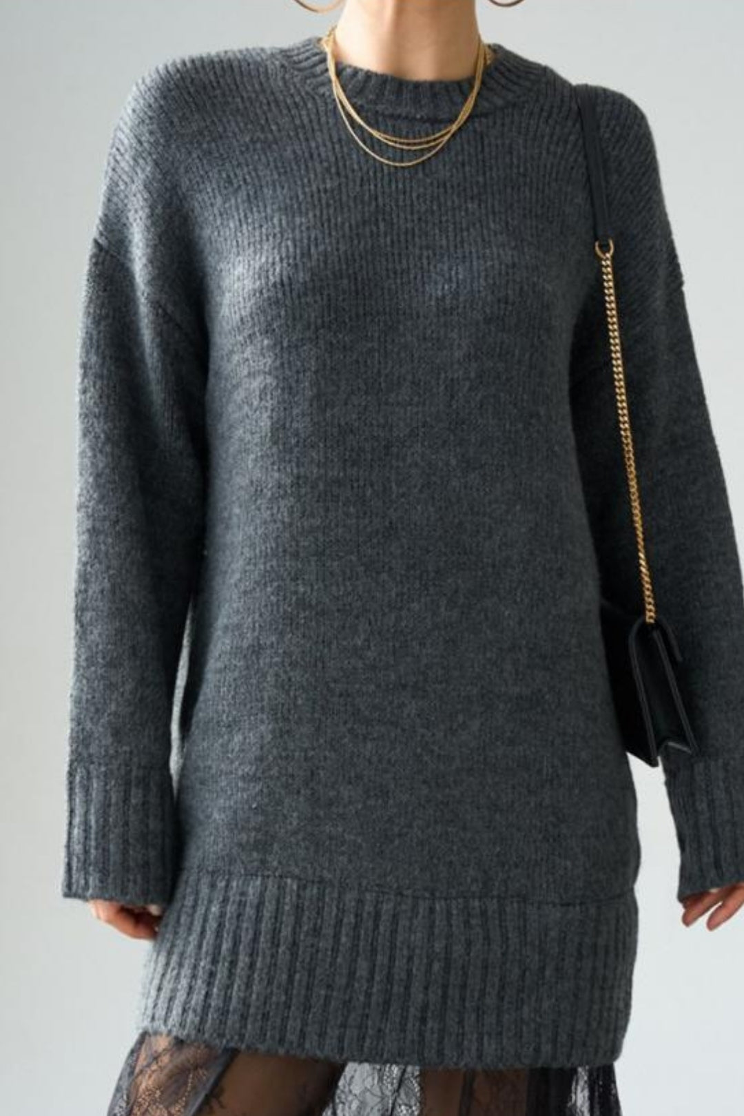 Gri Dantel Etekli Triko Elbise